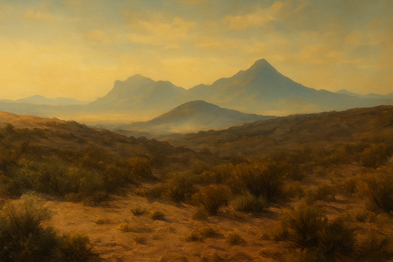 A digital painting of a desert landscape at sunset, featuring rolling brown hills with sparse bushes in the foreground and layered distant mountains with a tall volcano in the background under a warm, yellowish sky.