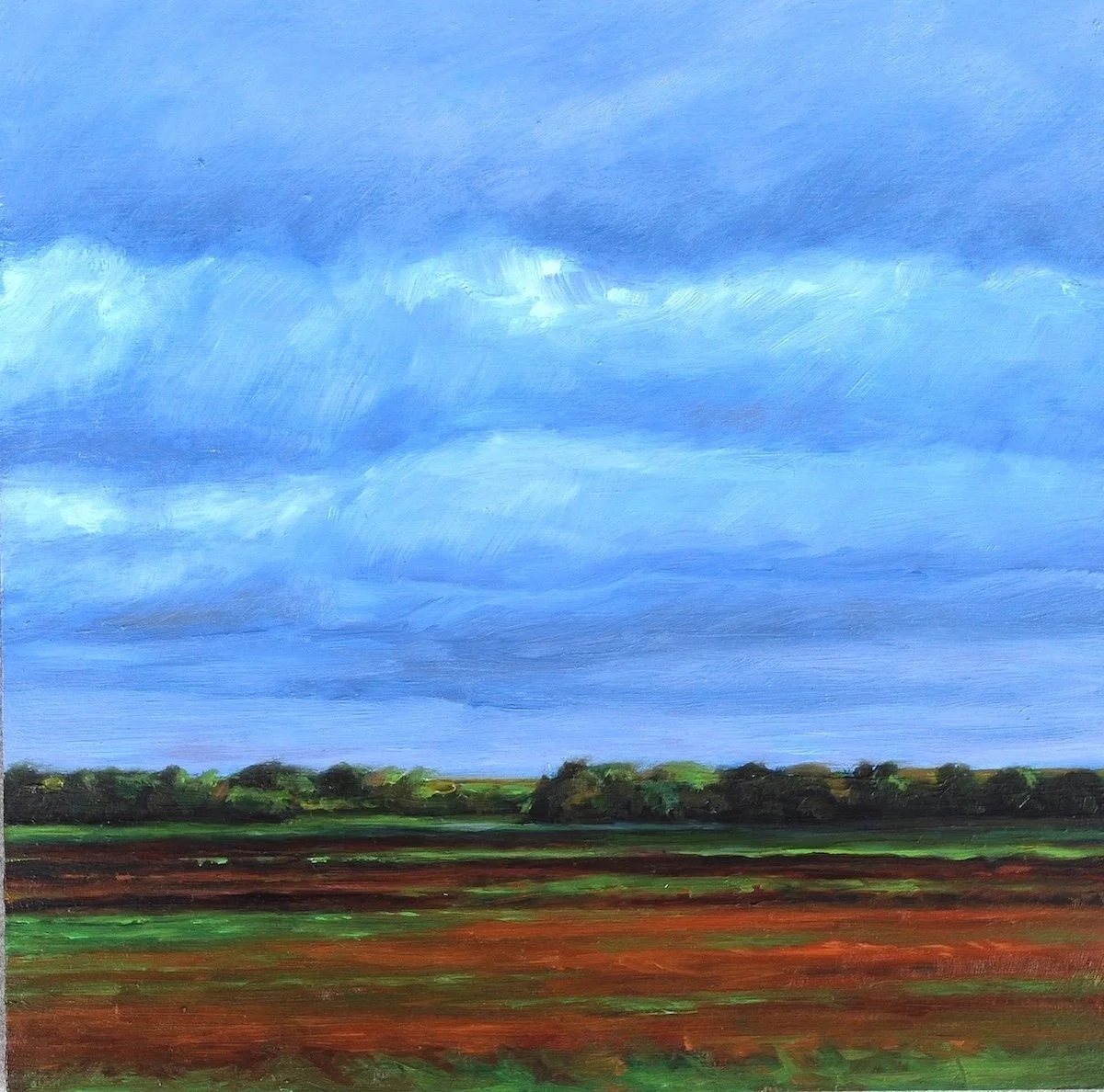 Calming small oil painting of summer trees and farm field by Marjorie Lindsay. 