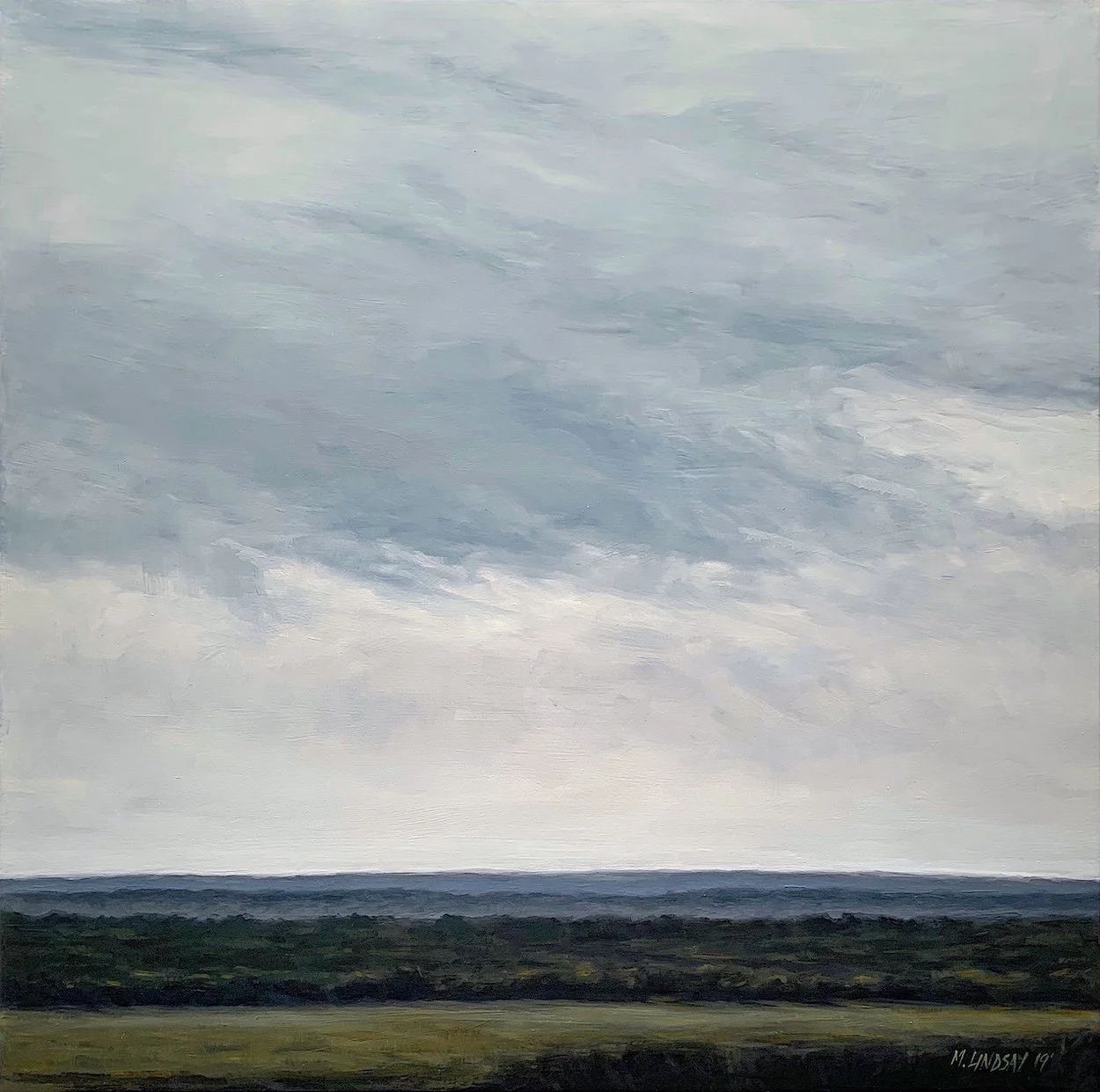 This oil painting shows a humid grey rainy atmosphere contrasting with beautiful green earth. 