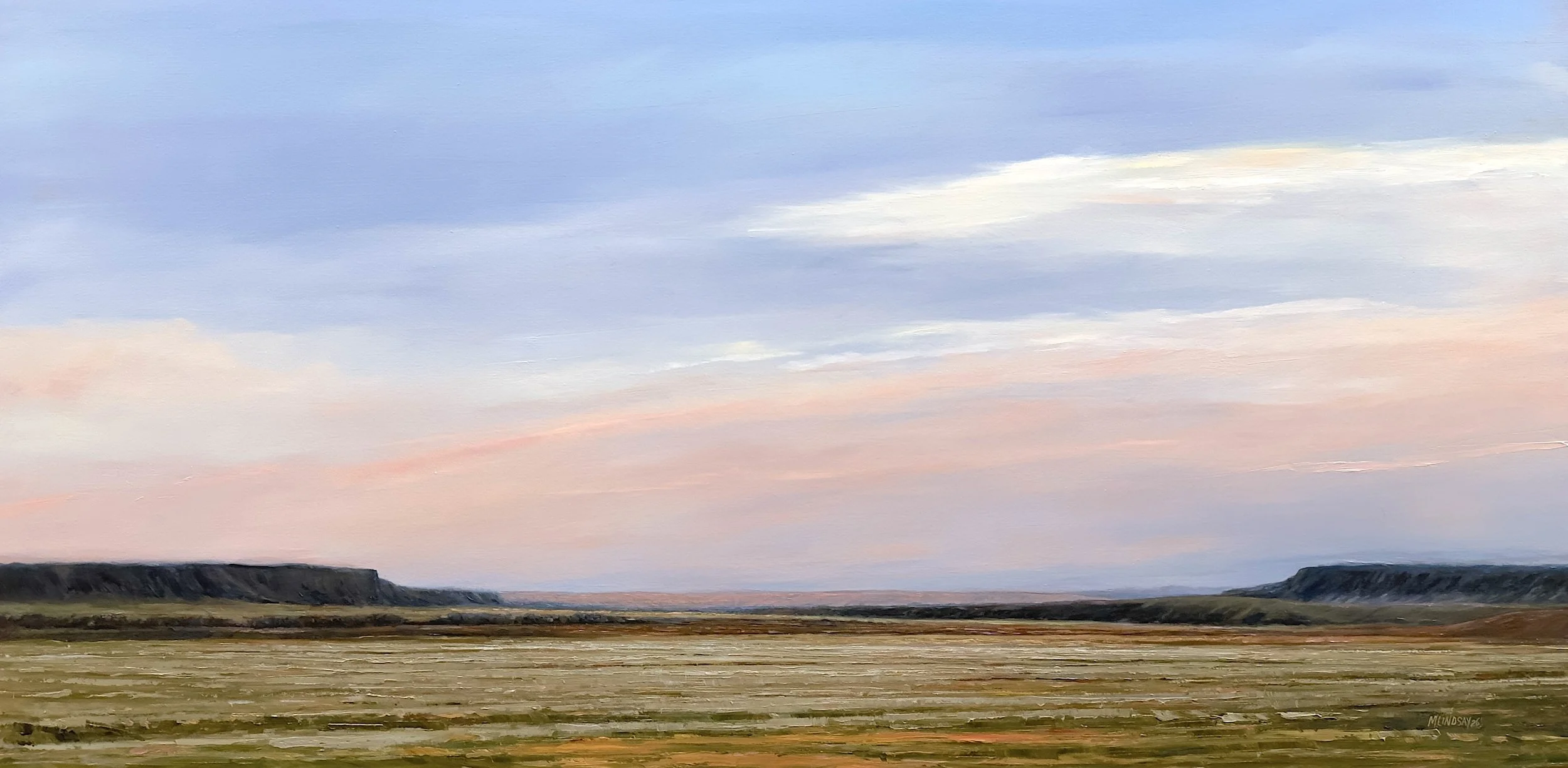 West Texas early evening desert landscape painting representing Alpine and Marfa area mountains featuring pink, violet, and white clouds. above a low horizon of far off flat top plateaus with a golden green flat earth in the foreground during summer