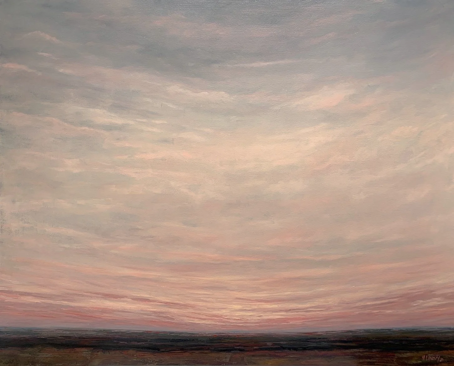 Large-scale landscape oil painting of an evening luminous sky in muted colors and invites comfort and calm