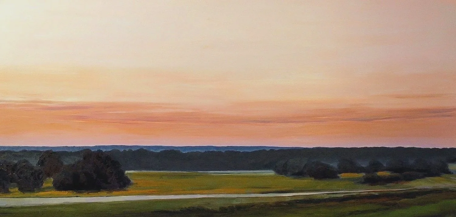 Evening Hill Country landscape with pink sky and dark trees creating serenity. 