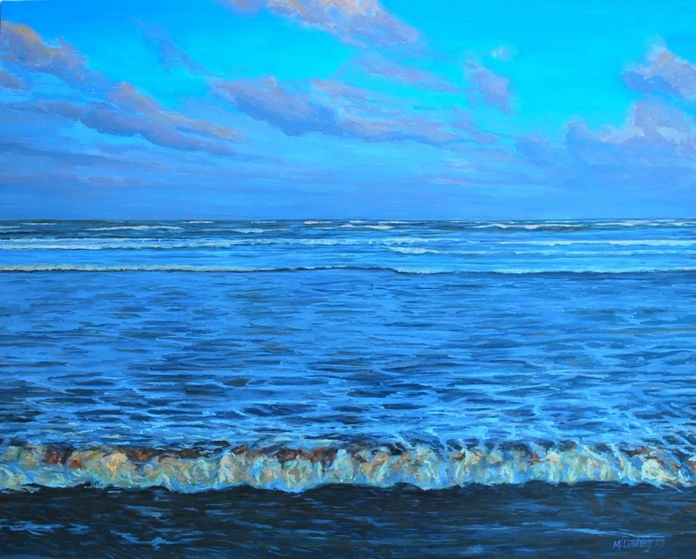 An oil painting with a view of standing at the shore, looking out on a gently waving gulf coast with an  intense blue cast across sky and water. 