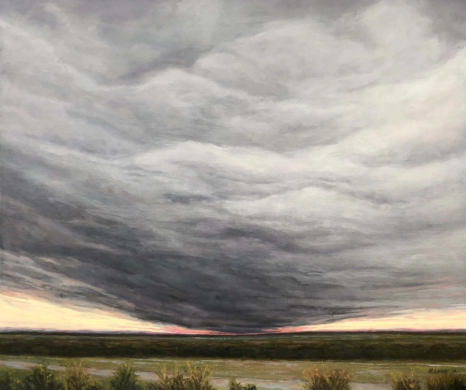 Texas landscape painting of a storm with expansive cloud bank coming closer by Marjorie Lindsay.
