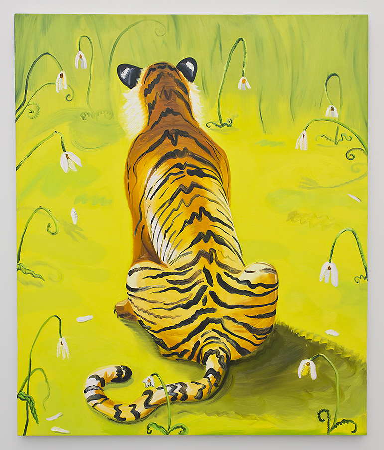 Tiger in a Yellow Field of Sad Flowers . Oil on canvas. 60 x 50 inches. Nikki Maloof.