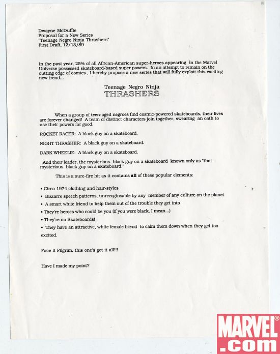Dwayne McDuffie (American, b. 1962 - 2011), Teenage Negro Ninja Thrashers, 1989, Xerox sheet, 8.5 x 11 inches, courtesy of © MARVEL