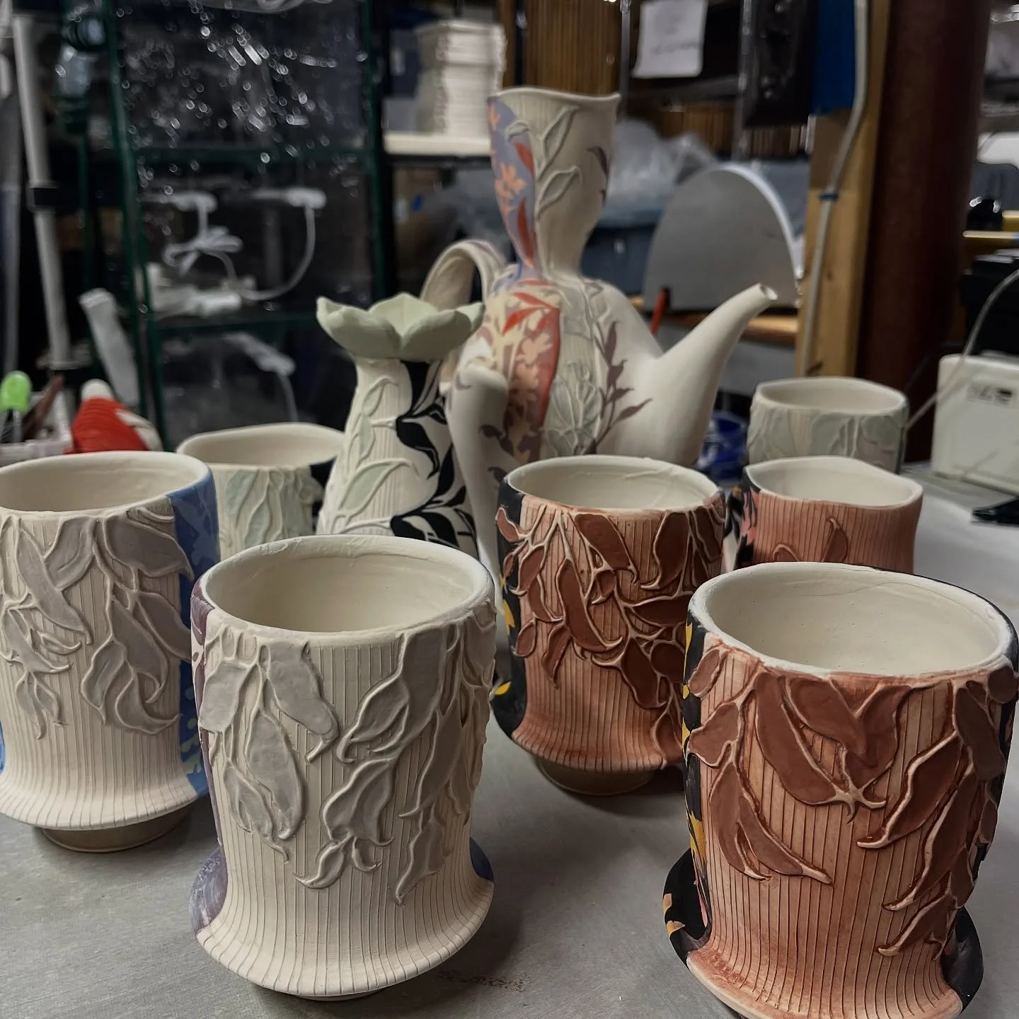 Loading the glaze firing today&hellip; here is a little peak at some of the tinted glaze leaf pieces.
😴 
Catch these at @flowercitypotteryinvitational next week!