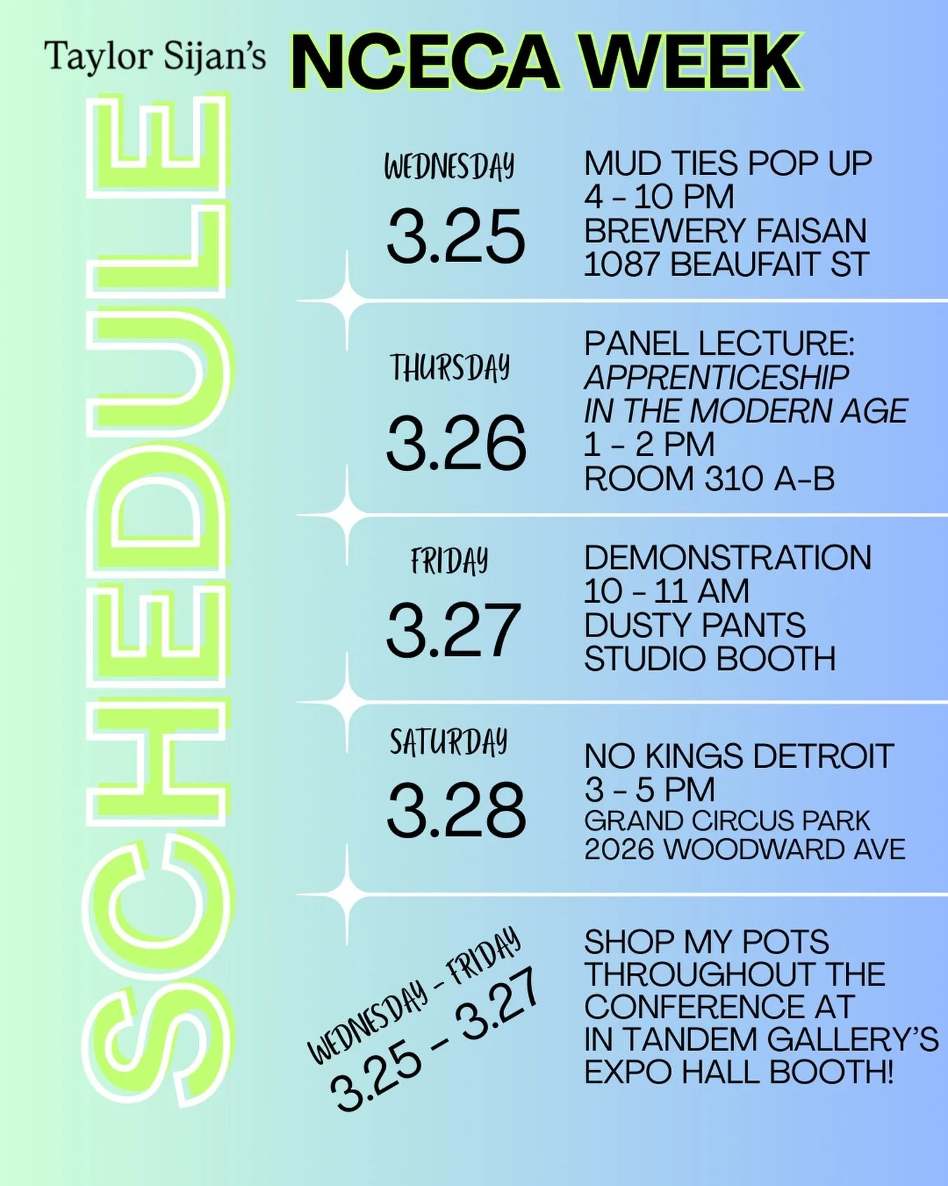 Here&rsquo;s where my work and I will be throughout the upcoming #nceca2026 conference. See you in a few short weeks!