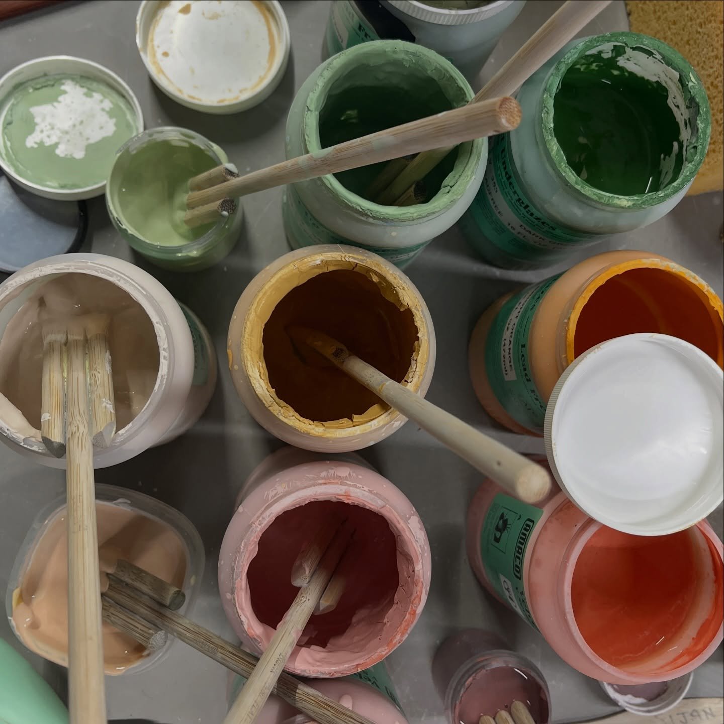 I mixed some underglazes before layering, which is not a thing I usually do, and I didn&rsquo;t test them first before applying them to a dozen pieces, another thing I don&rsquo;t usually do&hellip; but as always, crossing my fingers that the firing 