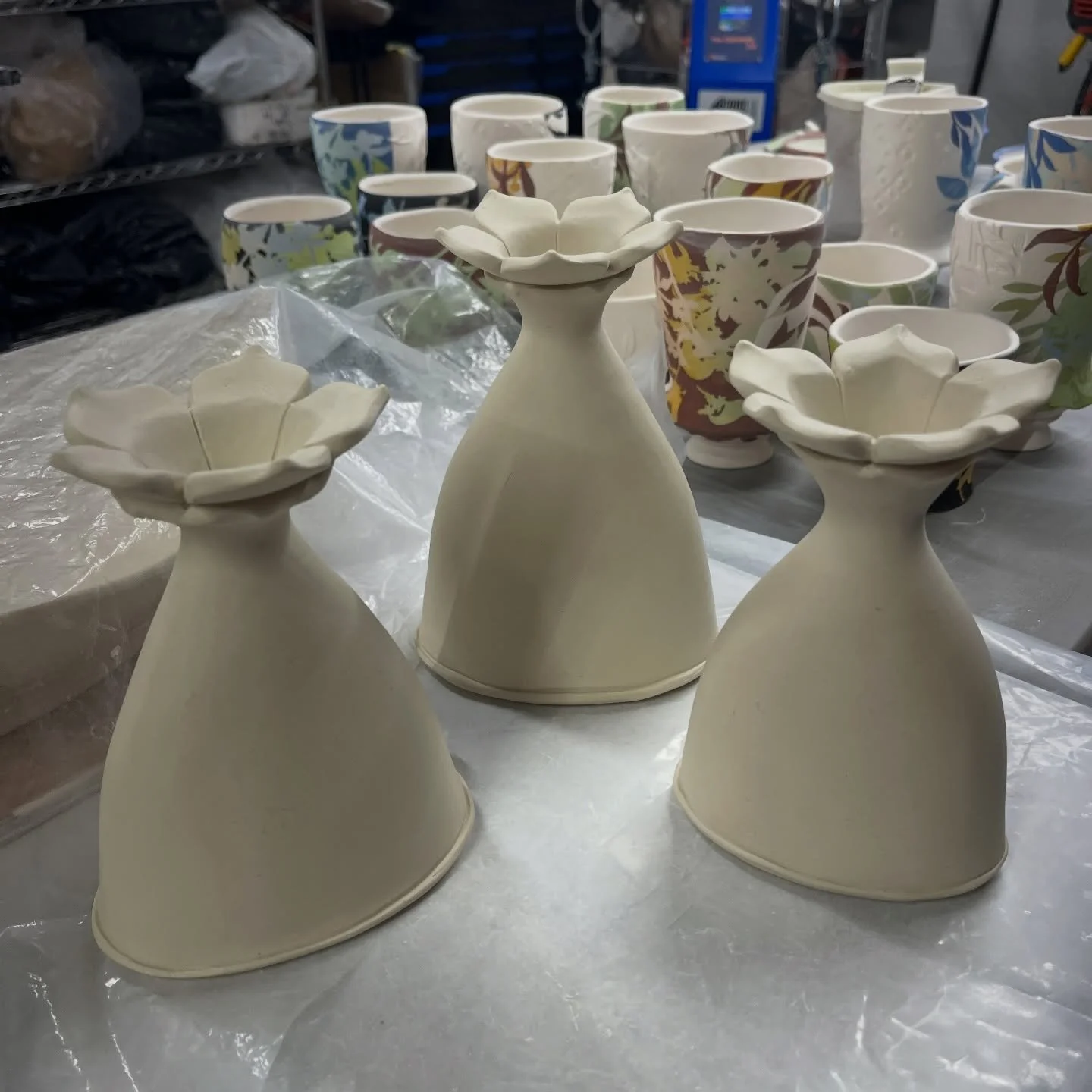 I made more of these weirdos for @mudties pop up on March 25th from 4-10PM at @breweryfaisan . I&rsquo;m also working on finishing some even tinier vases, drippy footed mugs, and slip trailed bowls with floral feet.