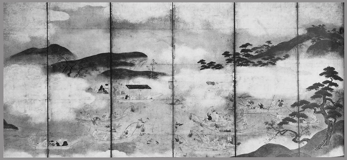 Night Fishing with Cormorants by Tano Kanyu. Six-fold screen, Mid-17th century.