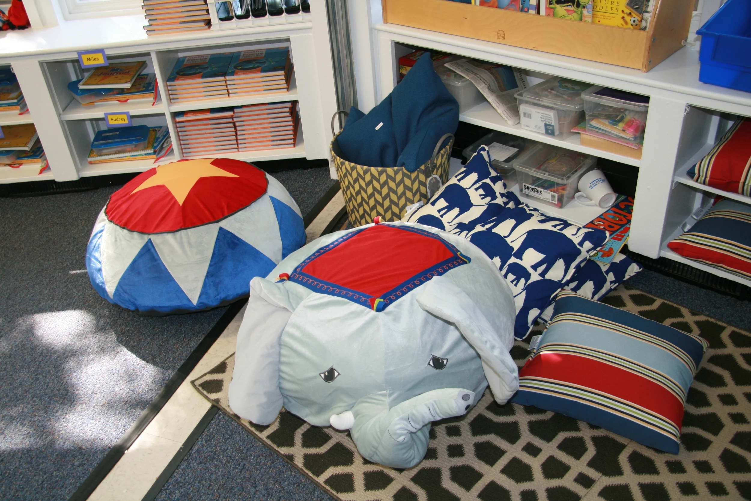 Pillows from IKEA make a warm and inviting spot to read in the Kindergarten Classroom.
