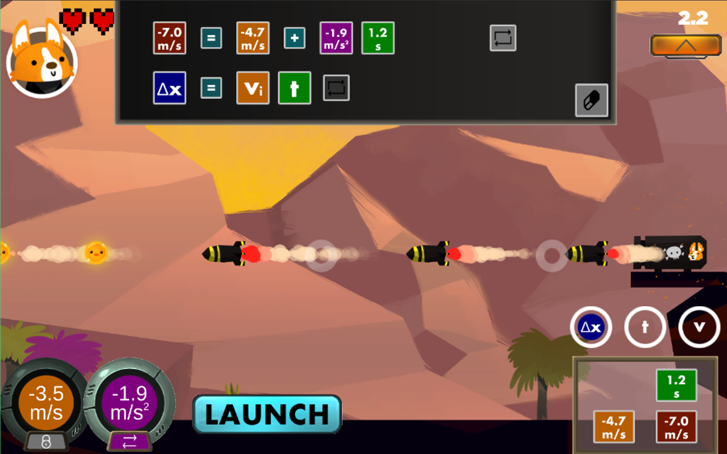 Solve for the acceleration of obstacles in this educational video game.