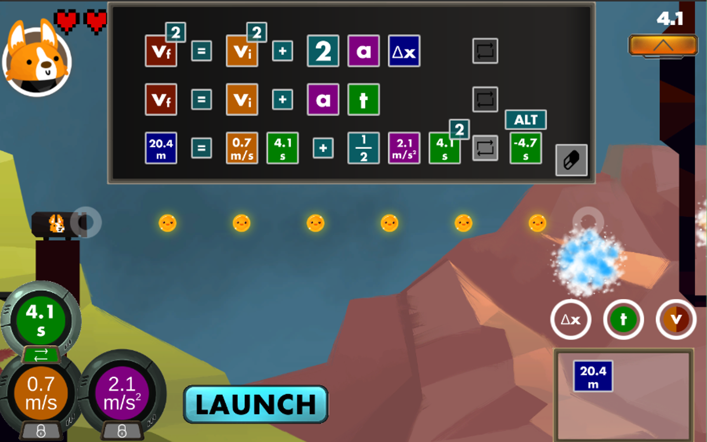 Phys 1 - solve for the desired displacement using tools and equations in this educational video game.
