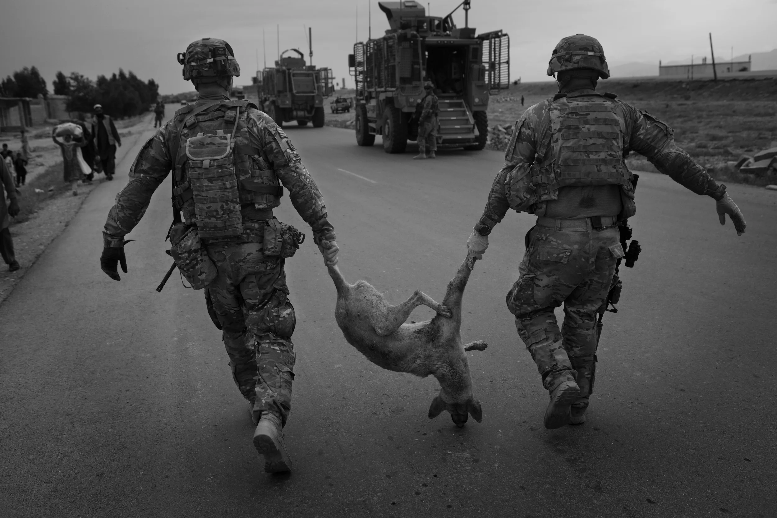  Soldiers with Alpha Co. 1-502nd Battalion, 2nd Brigade, 101st Airborne Division carry a dog they shot in Chapahar,&nbsp;Nangarhar Province 