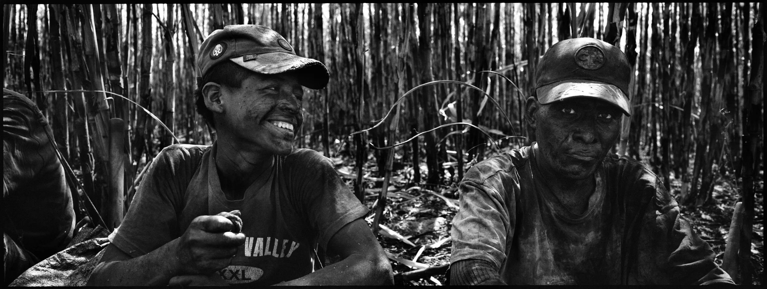  Two boys take a lunch break from cutting sugar cane. 