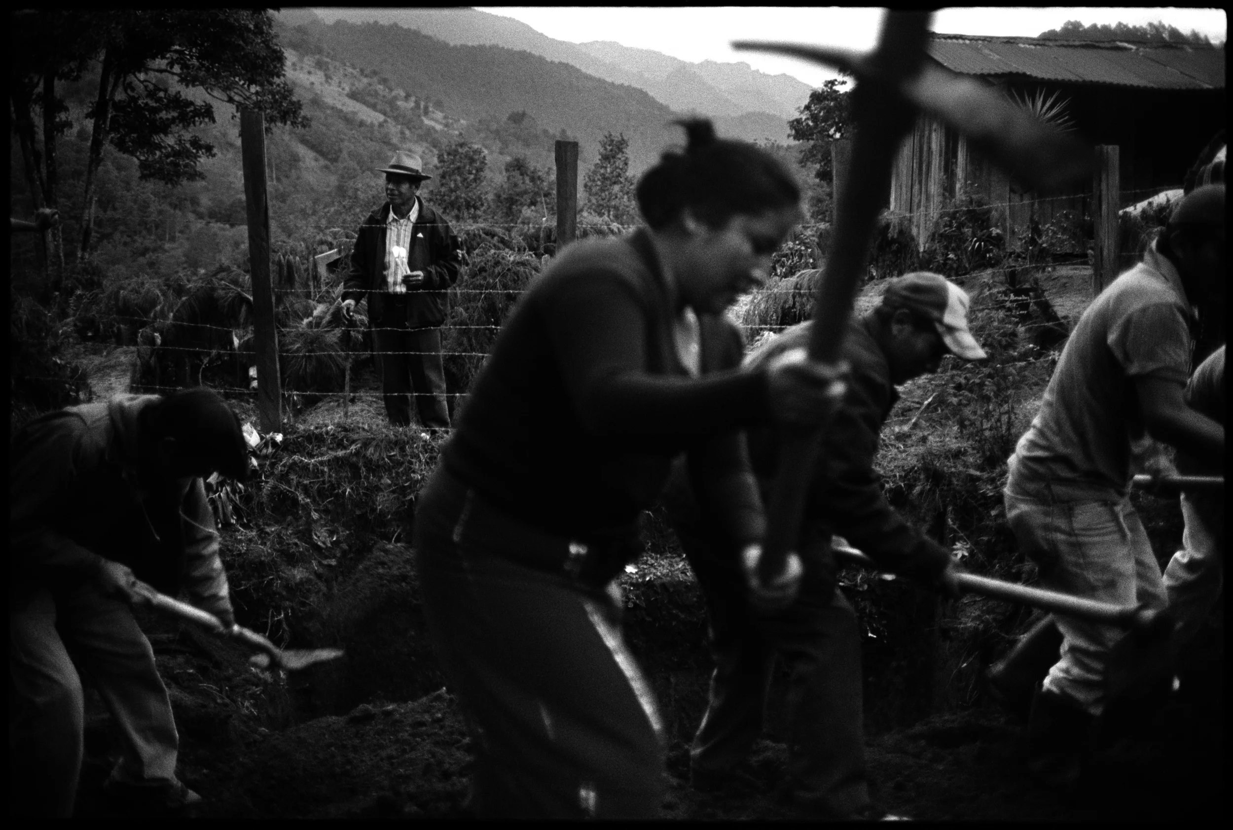  Relatives and villagers fill in the graves after an exhumation. 