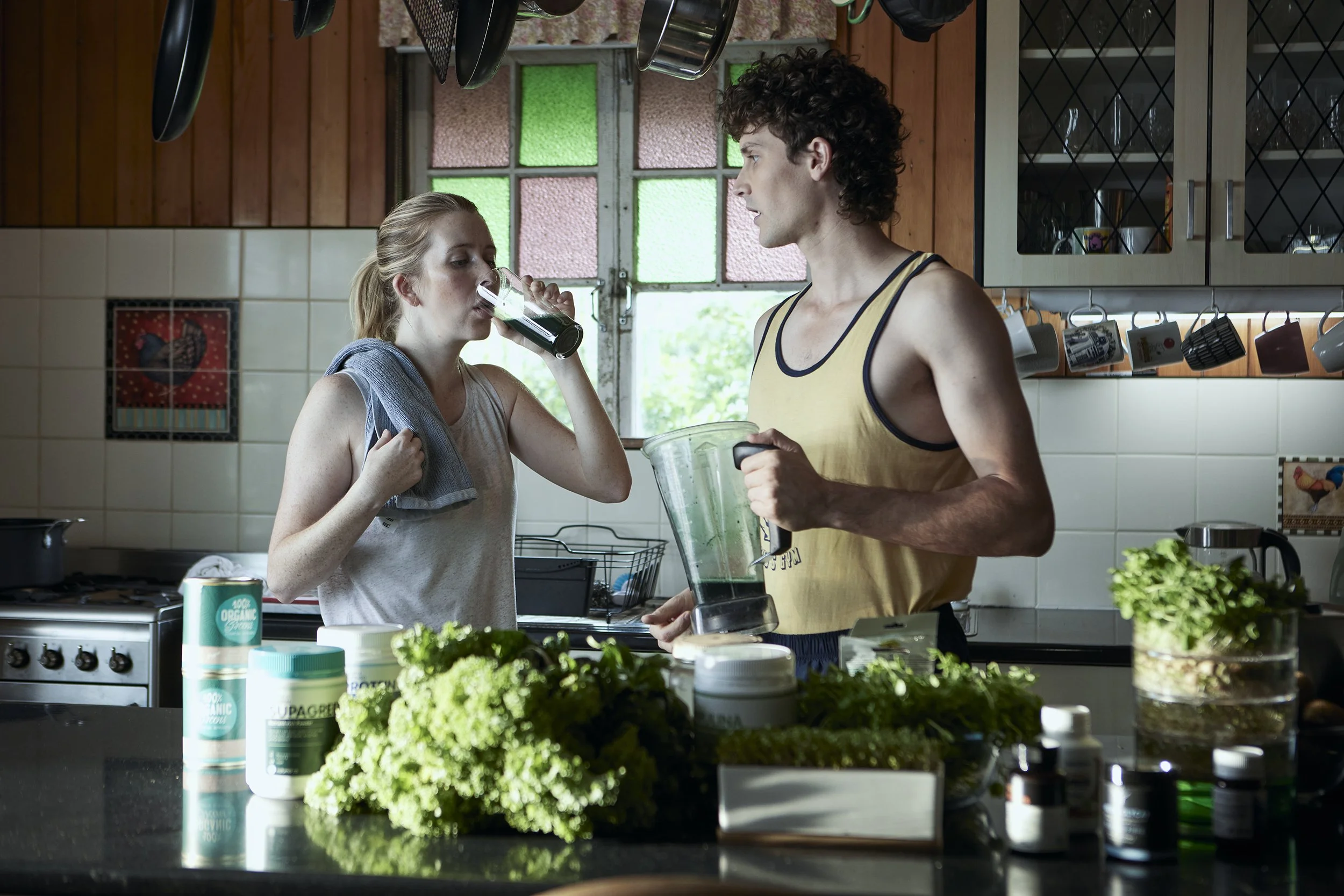 Snooze ‘a great day starts with a good night’s sleep’ young couple green juice campaign by Garth Oriander Photographer