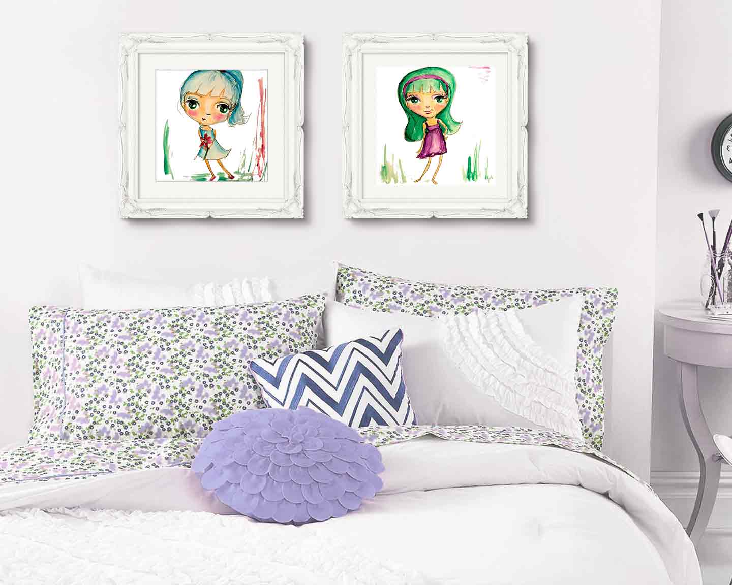 Hips-and-Blue-pony-tail-Art-prints-shown-white-framed-in-bedroom-kw.jpg