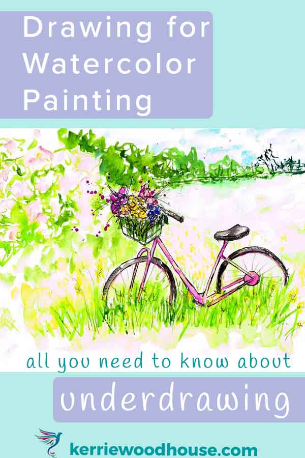 This sketchbook painting of a bicycle makes a virtue of the underdrawing by using pen. The pen details do a good part of the work and make up for any underperformance of the paper in the sketchbook.
