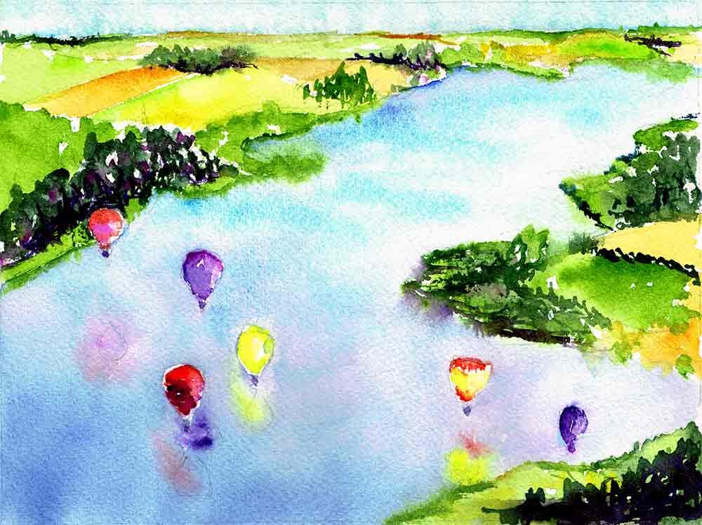watercolour painting of hot air balloons over landscape