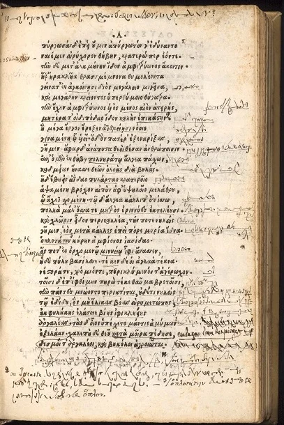 From the University of Chicago Library (via Language Log ):
Calling all historians of cryptography and stenography, Sherlockians (see “The Dancing Men”), and other amateur detectives! The collection of Homer editions in the Special Collections Research Center – the Bibliotheca Homerica Langiana (BHL) – includes a copy of the rare 1504 edition of Homer’s Odyssey that contains, in Book 11 (narrating Odysseus’s journey into Hades) handwritten annotations in a strange and as-yet unidentified script. This marginalia appears only in the pages of Book 11 of the Odyssey ; nowhere else in the volume. Although the donor of the BHL is suspicious that this odd script is a form of 19 th -century shorthand (likely French), he acknowledges that this hypothesis remains unsupported by any evidence offered to date.
The donor of the BHL is offering a prize of $1,000 to the first person who identifies the script, provides evidence to support the conclusion, and executes a translation of selected portions of the mysterious marginalia. In addition to the photographs in this post, the volume is available to consult in person in the Special Collections reading room. Please visit the Special Collections website for information about requesting items to get started. The contest is open to all, regardless of University of Chicago affiliation. Please direct submissions to the contest, or questions, to Alice Schreyer , Assistant University Librarian, Humanities and Social Sciences and Rare Books Curator, or Catherine Uecker , Rare Books Librarian.