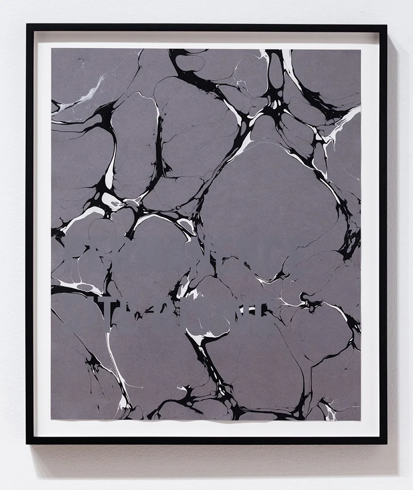   Its Remaining Presence , 2012 Silkscreen over hand marbled paper 18 x 24 inches   Text: PERMANENCE SITE RISING 