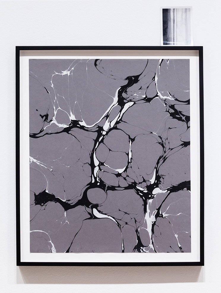   Its Remaining Presence , 2012 Hand marbled paper with 4x5 inch black and white instant film 18 x 24 inches 