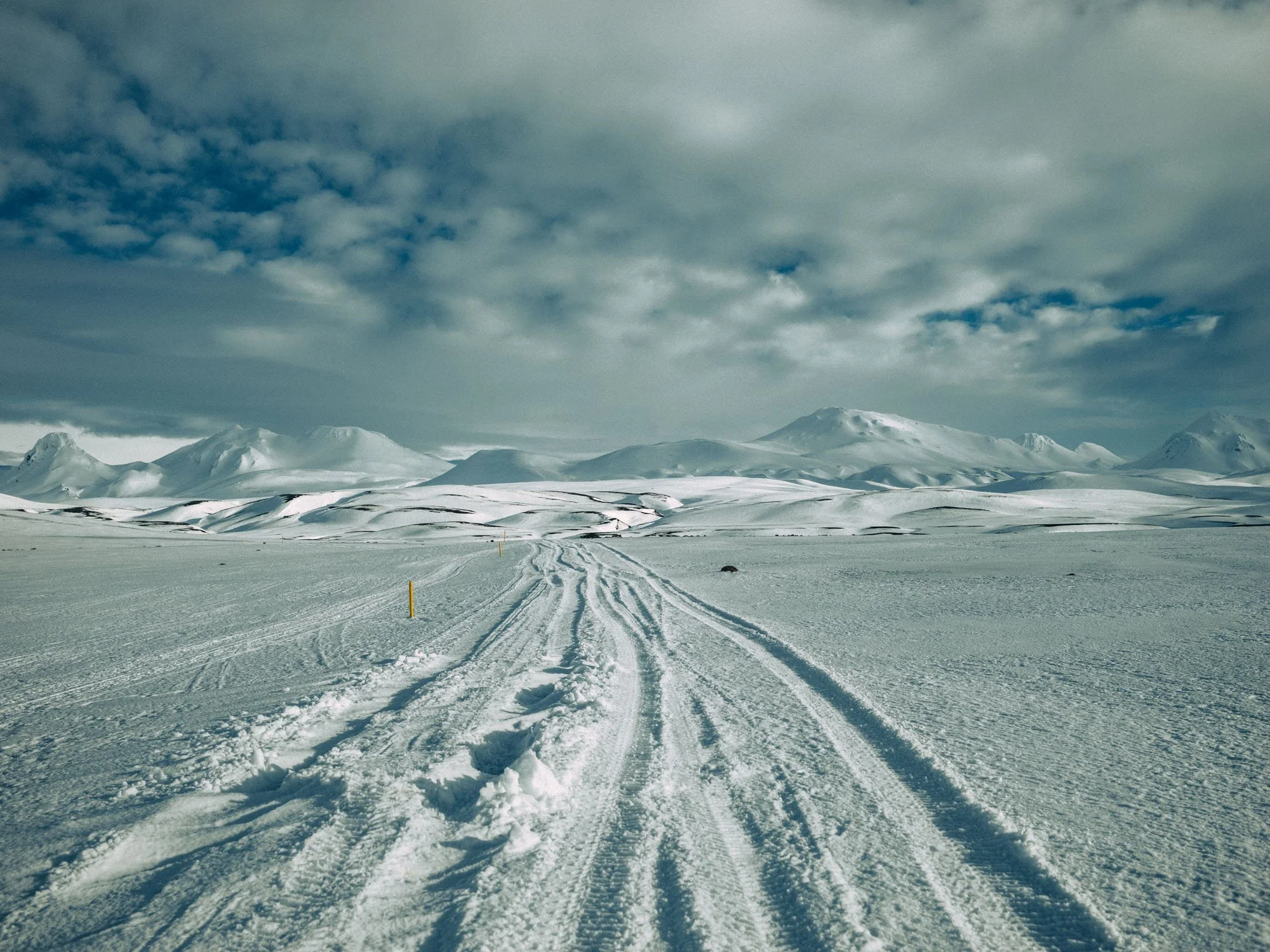 Vehicle tracks crossing a snow-covered landscape
