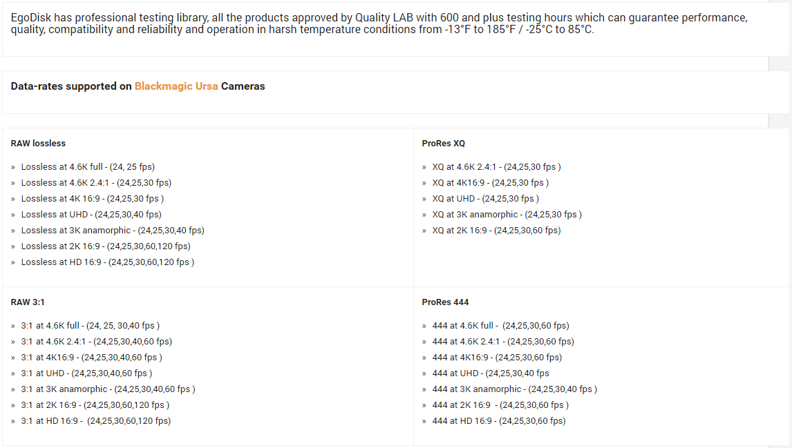 EgoDisk compatibility list for BlackMagic Ursa cameras .