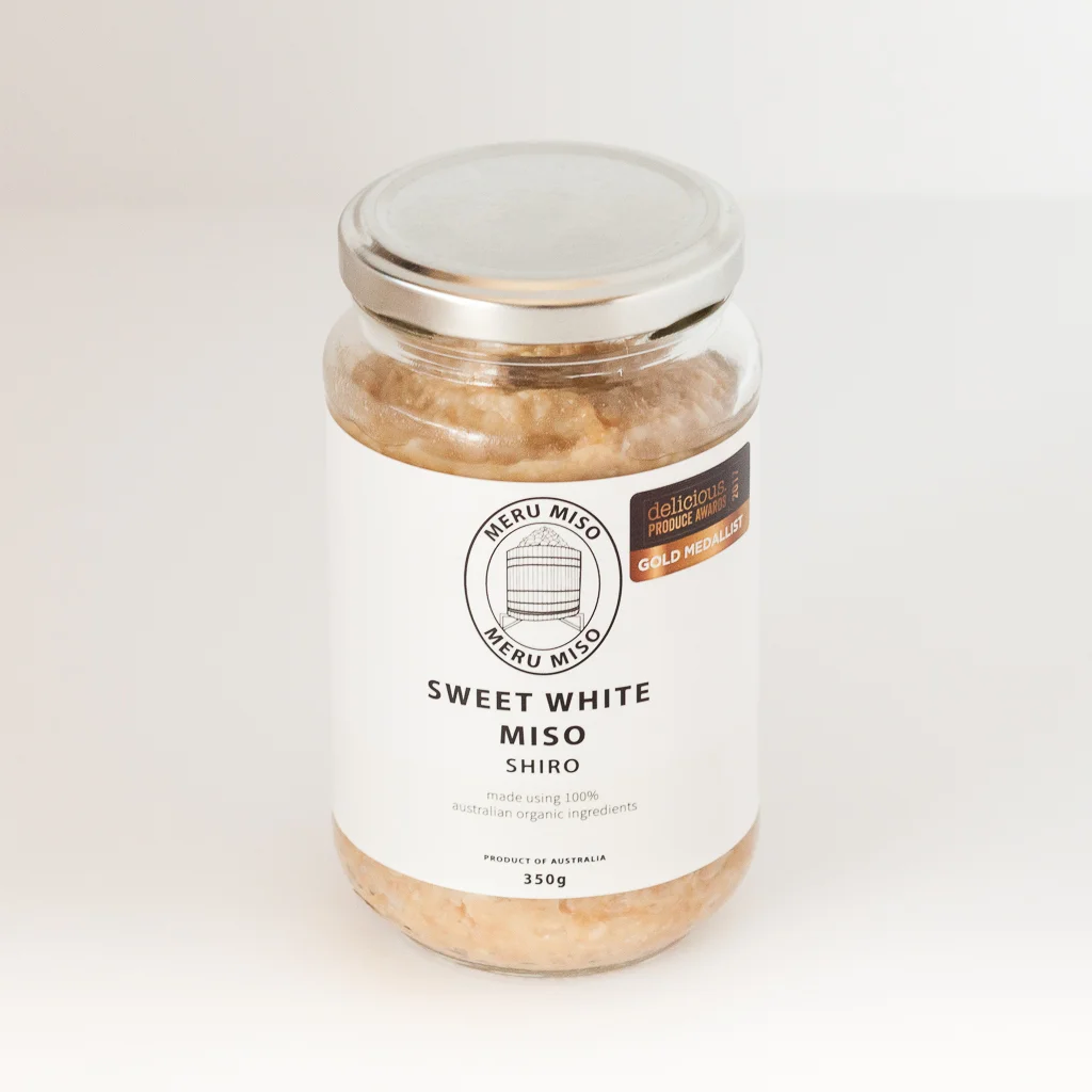 Sweet White Miso The sweetest of the Meru range, this Miso has a delicate sweetness that is balanced against the saltiness with a lingering celery infused umami. The overall profile can be reminiscent of parmesan cheese.