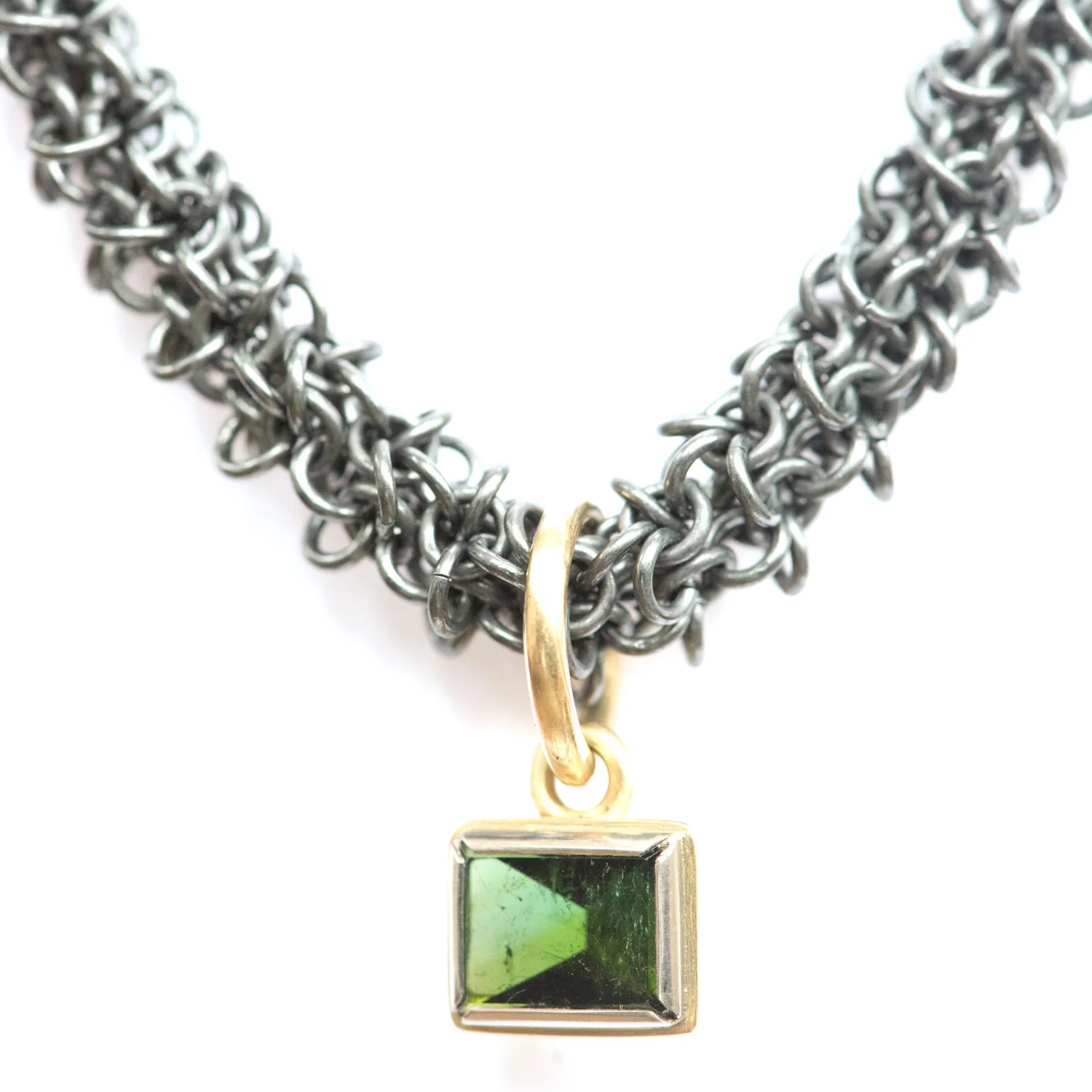 Green Tourmaline and 18ct Gold Pendant on Oxidised Silver Chain