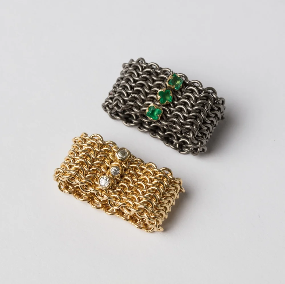 Basket Rings with diamonds and Emeralds
