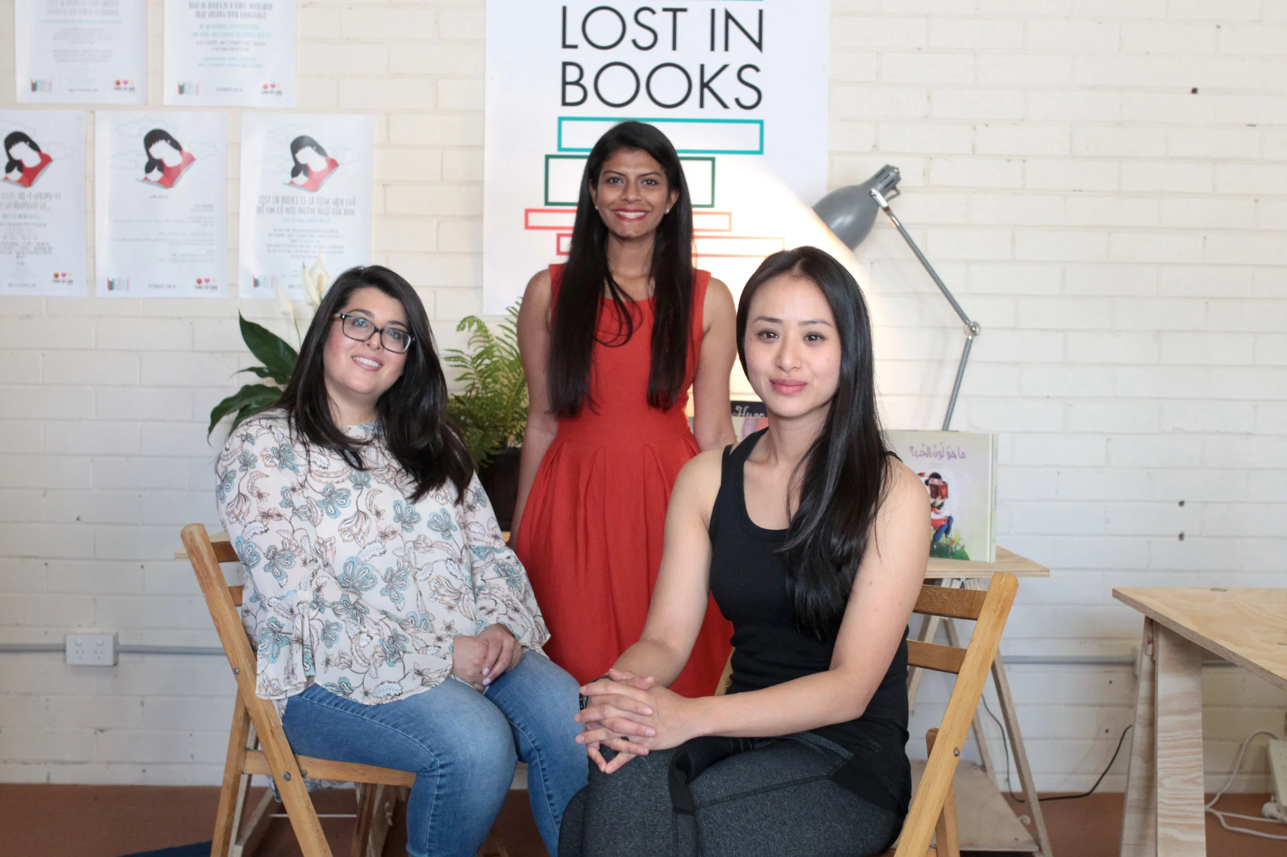 Inaugural IN OTHER WORDS residents (left to right), Zarlasht Sarwari, Uma Jeyaseelan ( Dost’s Journey , Dari) and Maria Tran ( The Drums of Me Linh , Viet)