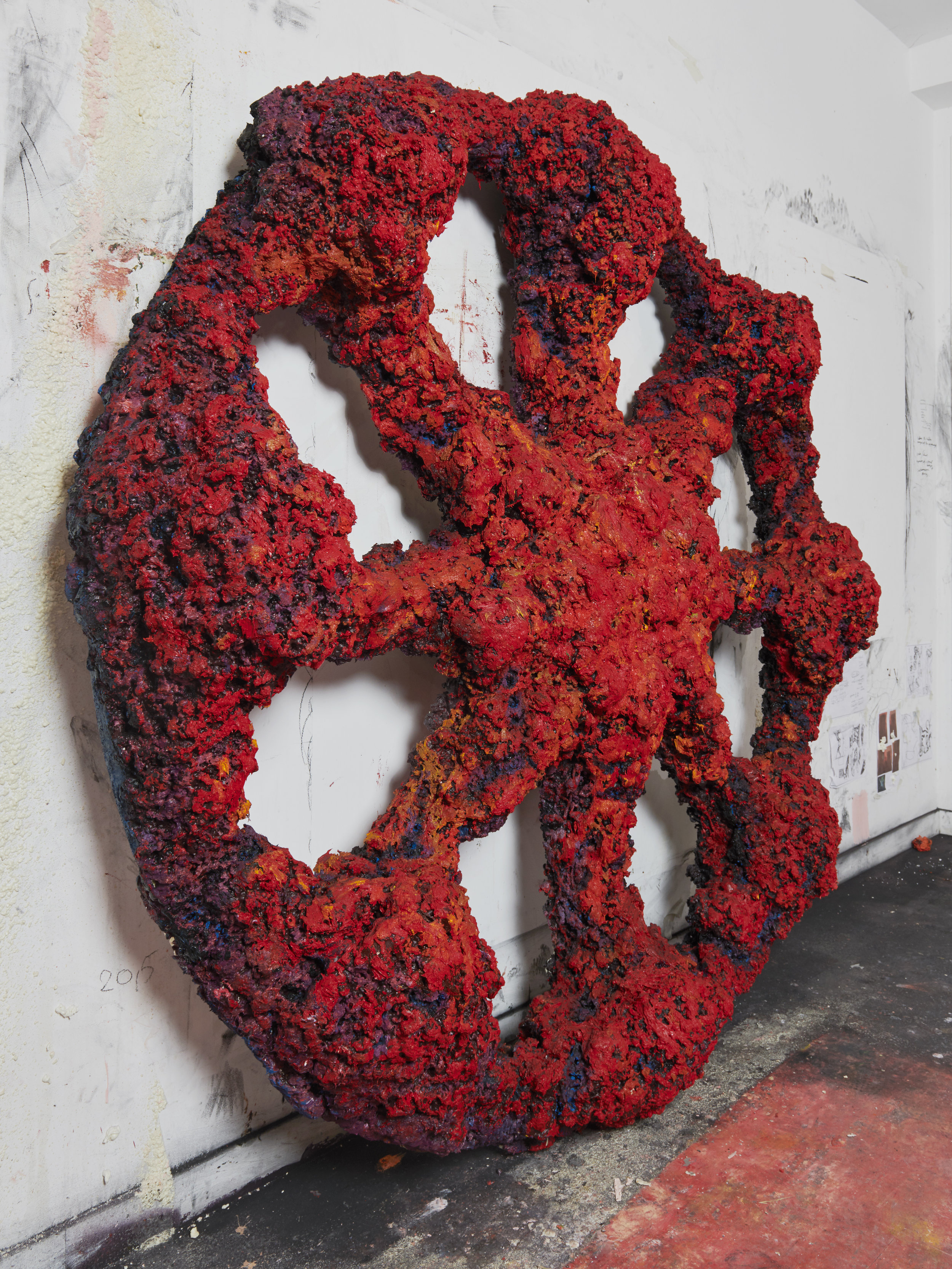  MAGMA wheel, 2018 Oil, gesso, acrylic, polyurethane foam on wood 220 x 220 x 40 cm 