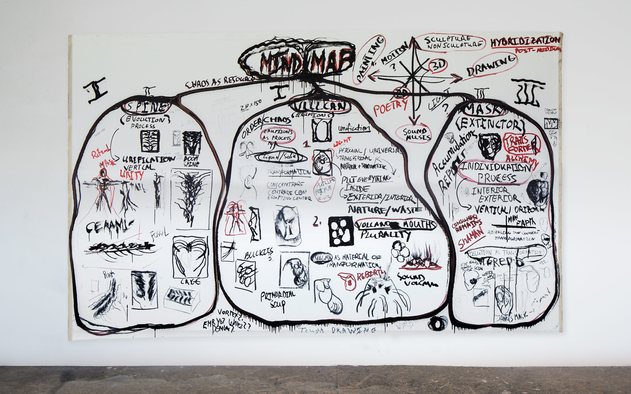  MIND MAP, 322 x 197 cm, 2020, Charcoal, Ink, permanent marker, staples, spray paint on canvas  