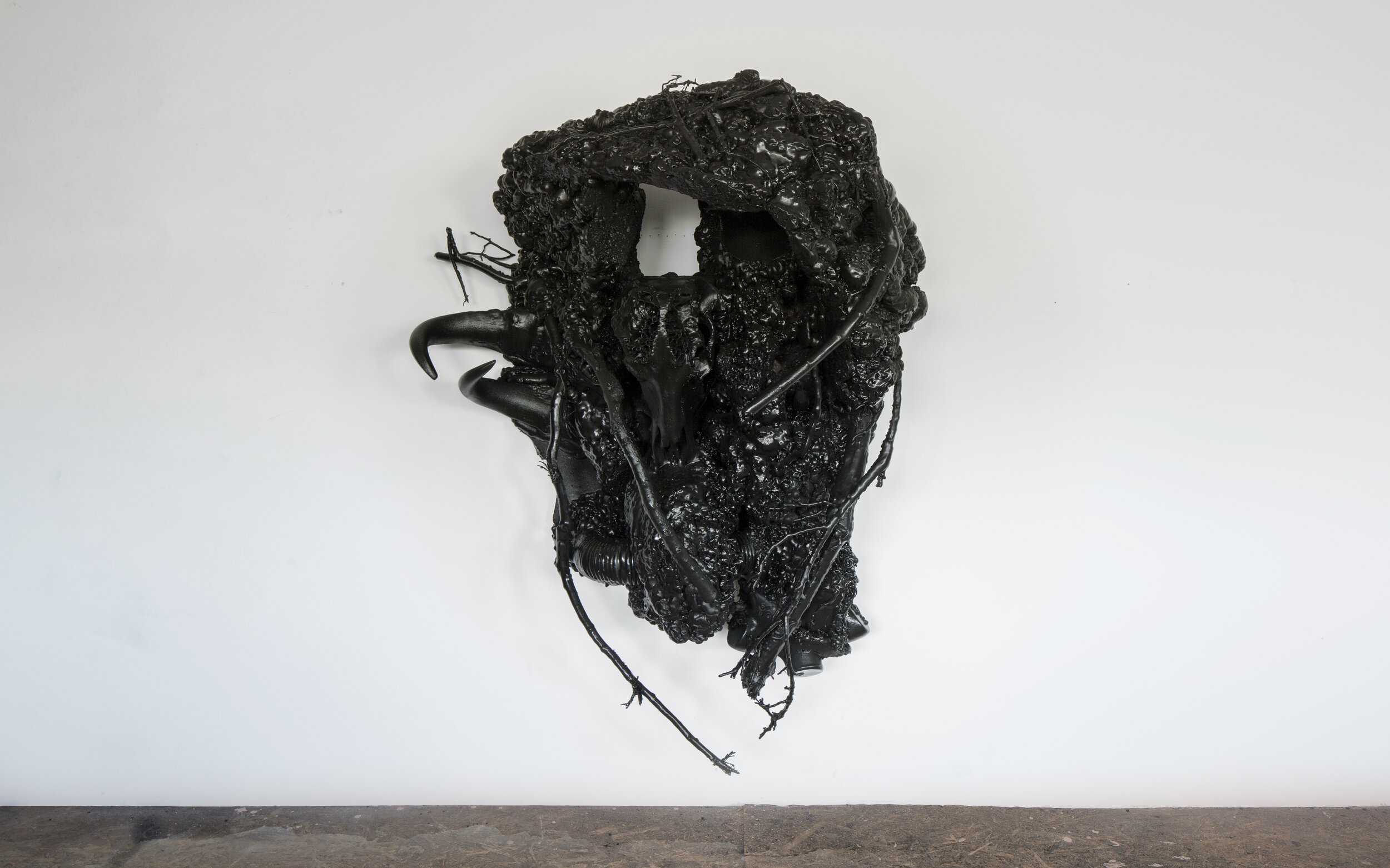  EXTINCTOR, 180 x 133 x 77 cm, 2020, Sectioned African buffalo skull and horns, canvas, polyurethane foam, mannequin bust, tree branches, plastic tube, crystallised spider web, earth, oil and acrylic paint, mechanical spider arms, mounted on pvc xps 