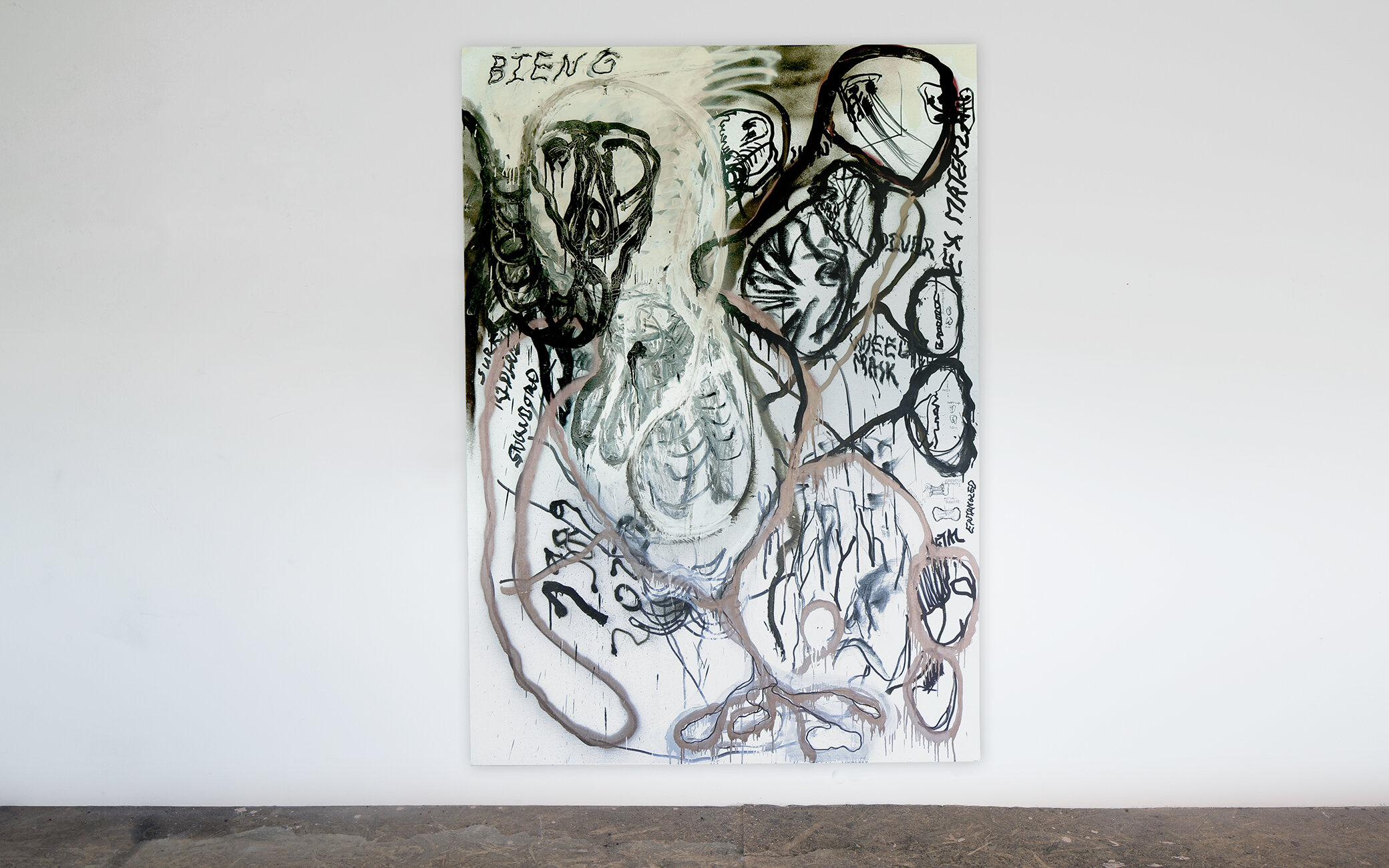  BIENG, 210 x 150 x 4 cm, 2020, Charcoal, Ink, permanent marker, spray paint on canvas  