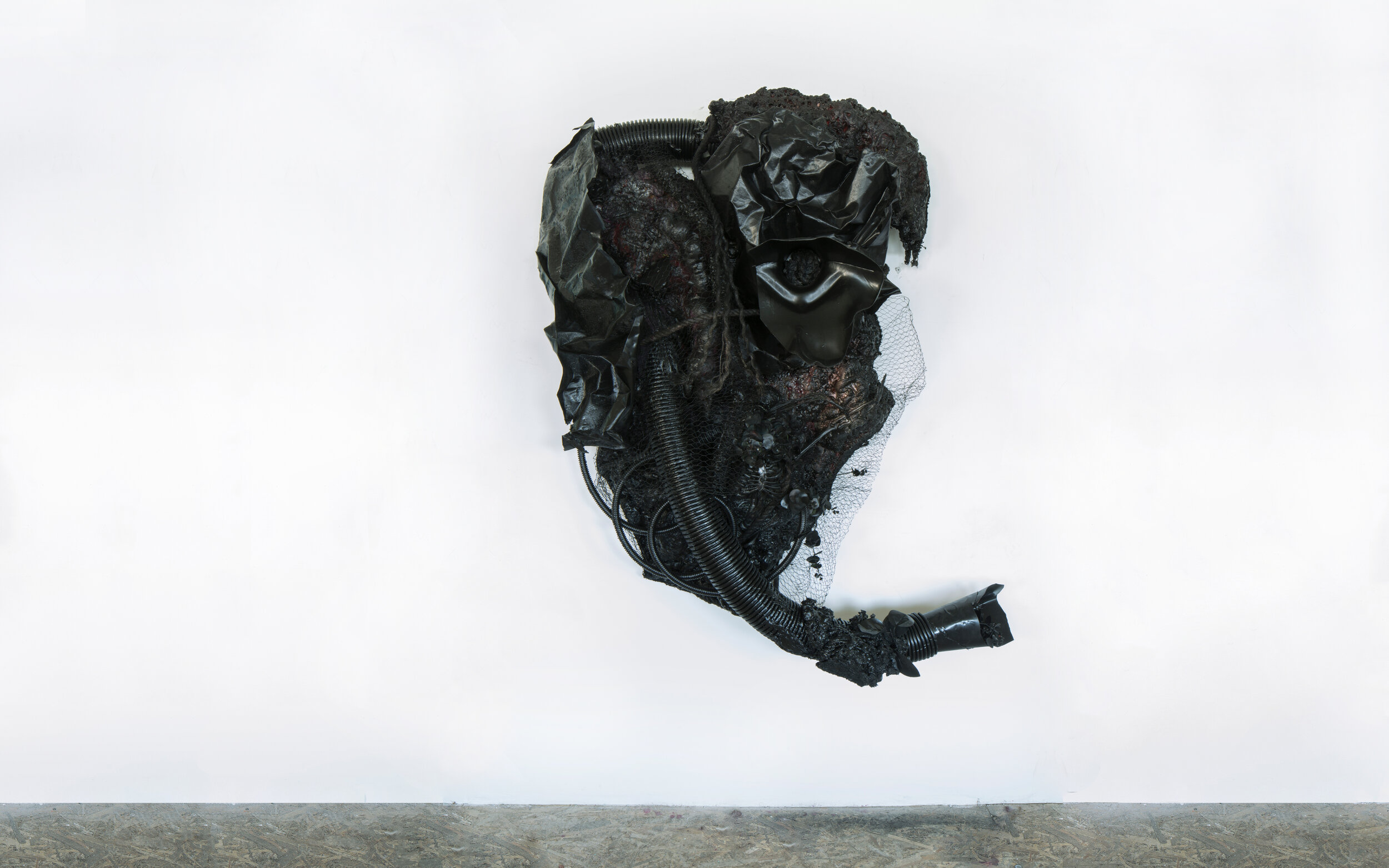  Mask, 2020, 150x130x50 cm, oil, gesso, acrylic, recycled plastic, plastic tubes, metal wire, rope, mannequin, synthetic plants, wire, metal scorpion, polyurethane foam on wood 