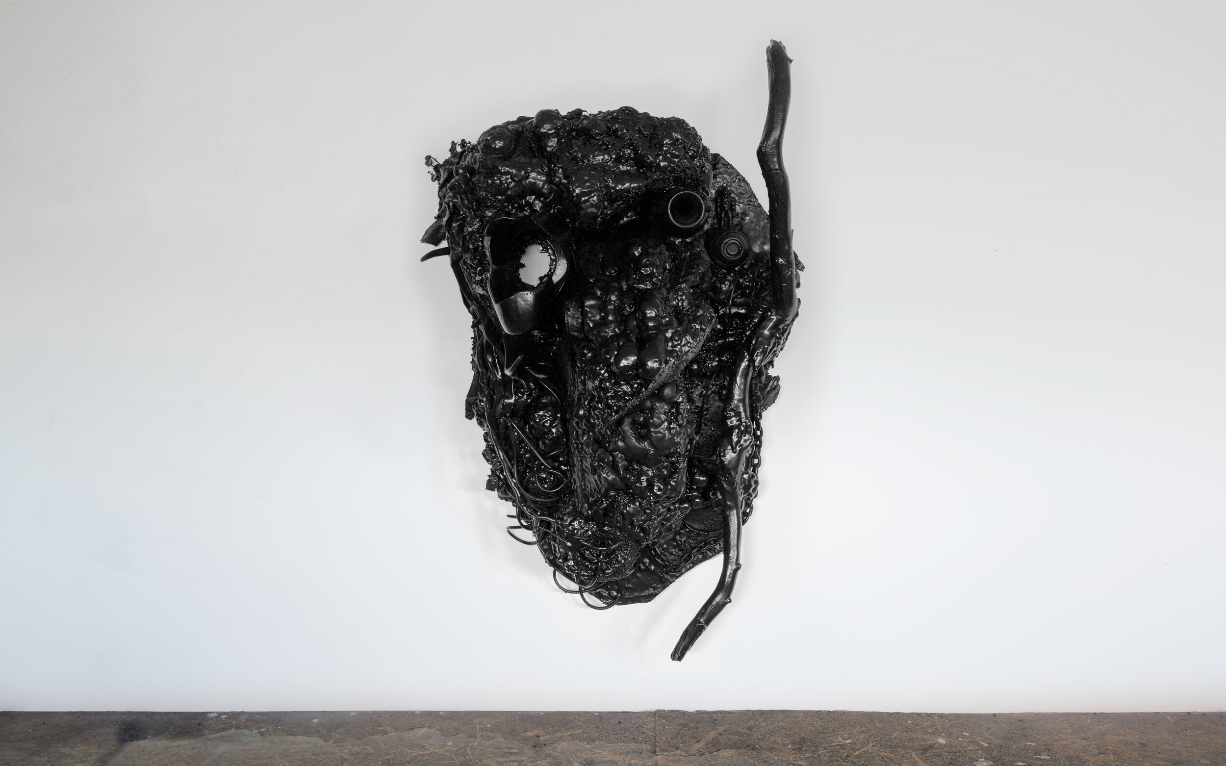  PERCEIVER, 180 x 133 x 77 cm, 2020, Polyurethane foam, plastic tube, tree branches, tree bark, electric cables, recycled plastics, roots, earth, steel wastes, construction nails, oil and acrylic paint, plastic bucket, gesso, metal boards, ceramic sc