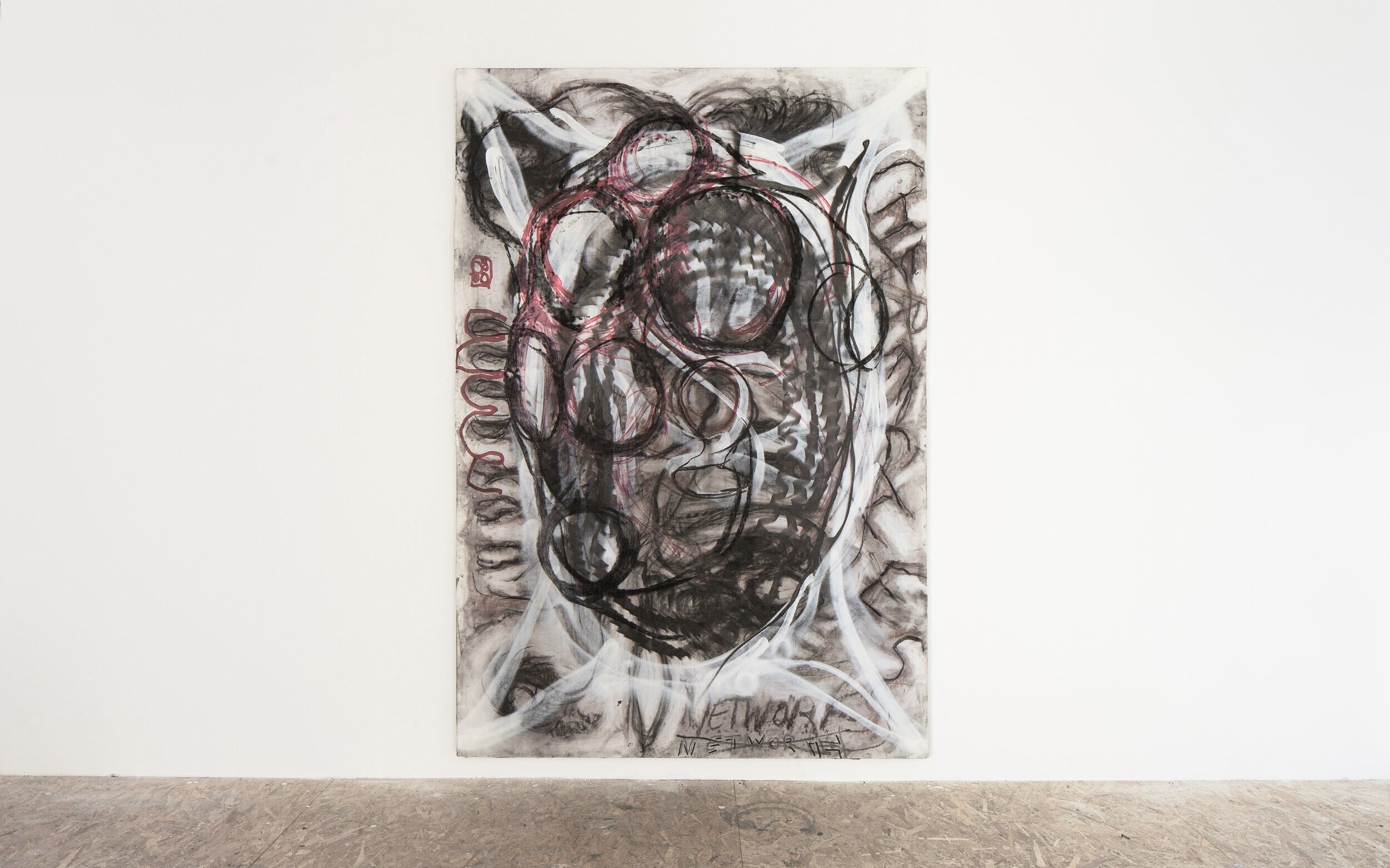  VULCAN, 210 x 150 x 4 cm, 2020, Charcoal, Ink, permanent marker, spray paint on canvas  