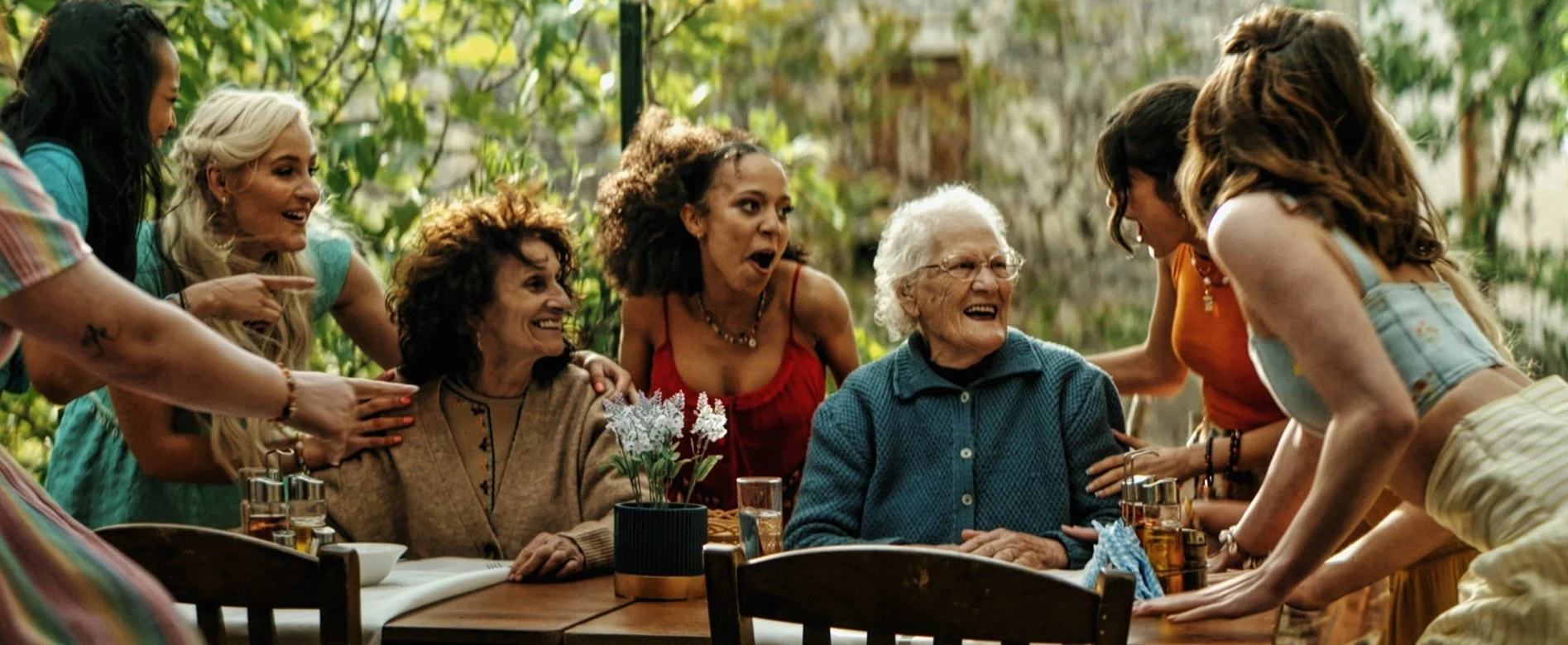 Group of women gathered around an elderly woman at a celebration, sharing laughter and joy in a lush outdoor setting.