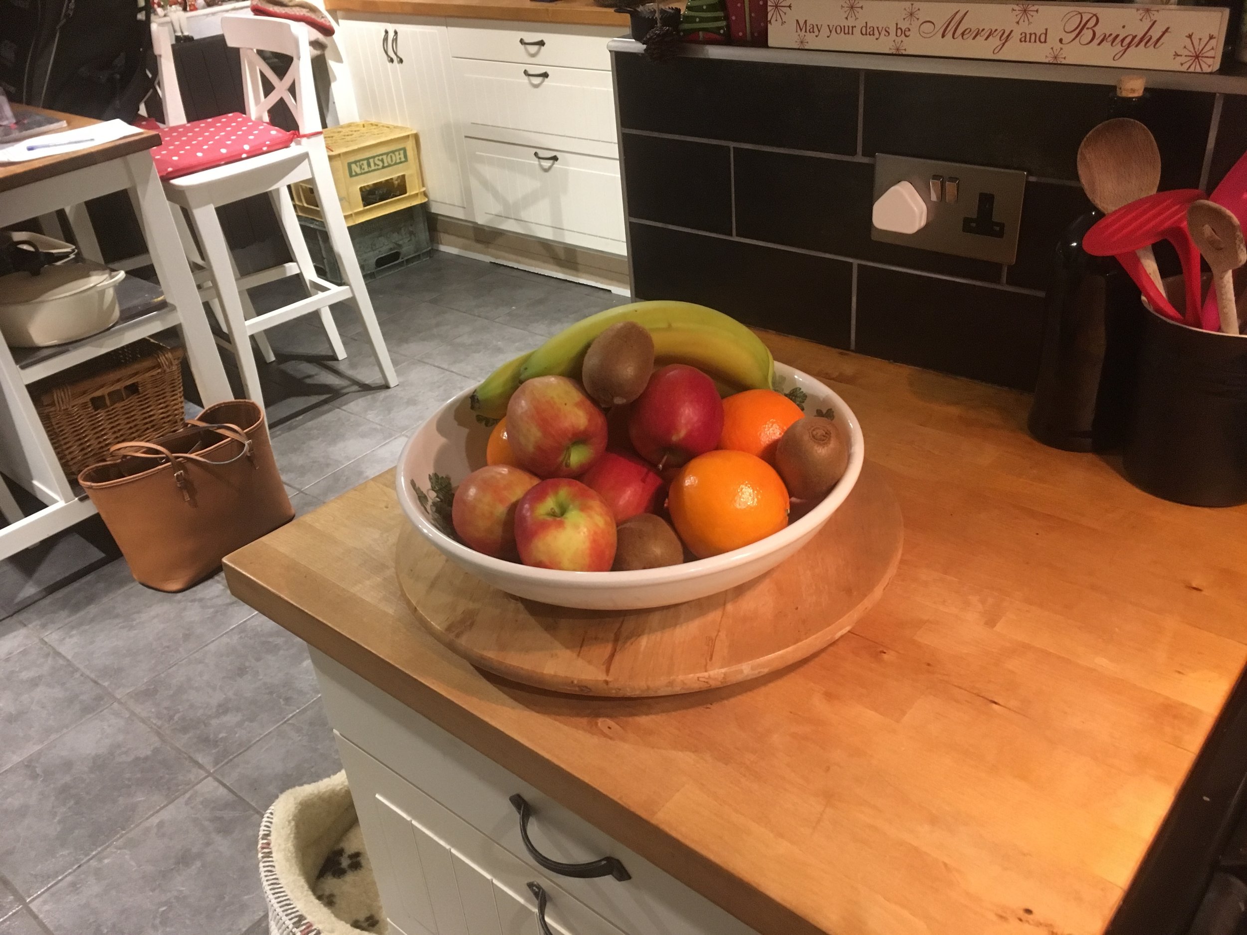 Figure 1: Here is my fruit bowl, often much fuller than this but most importantly right on my kitchen worktop as an incentive for easy snacking.