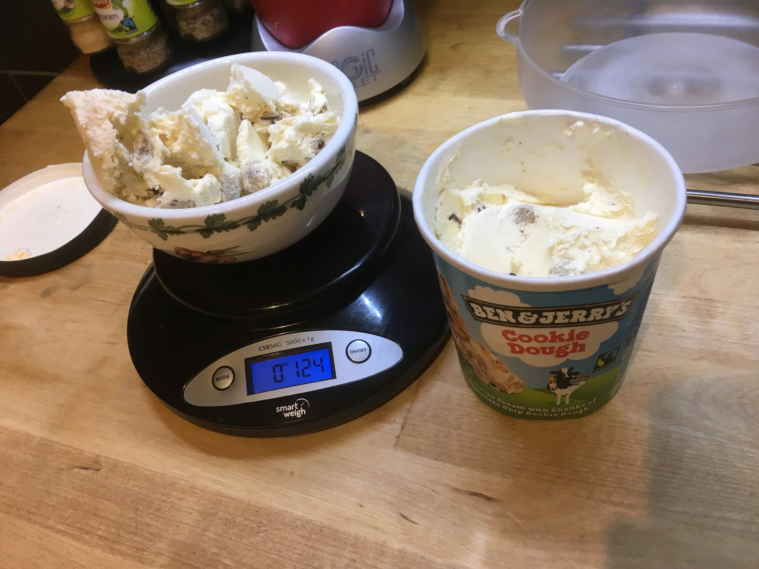Figure 2: Measuring scales is one way of not being dictated by serving spoon size. Its worth reiterating here that ice cream is considered part of 10% 'junk food'. The science of smaller bowls help us to moderate foods in the bulk of our diet also - soup, pasta, cereal and finger foods (nuts for example)....