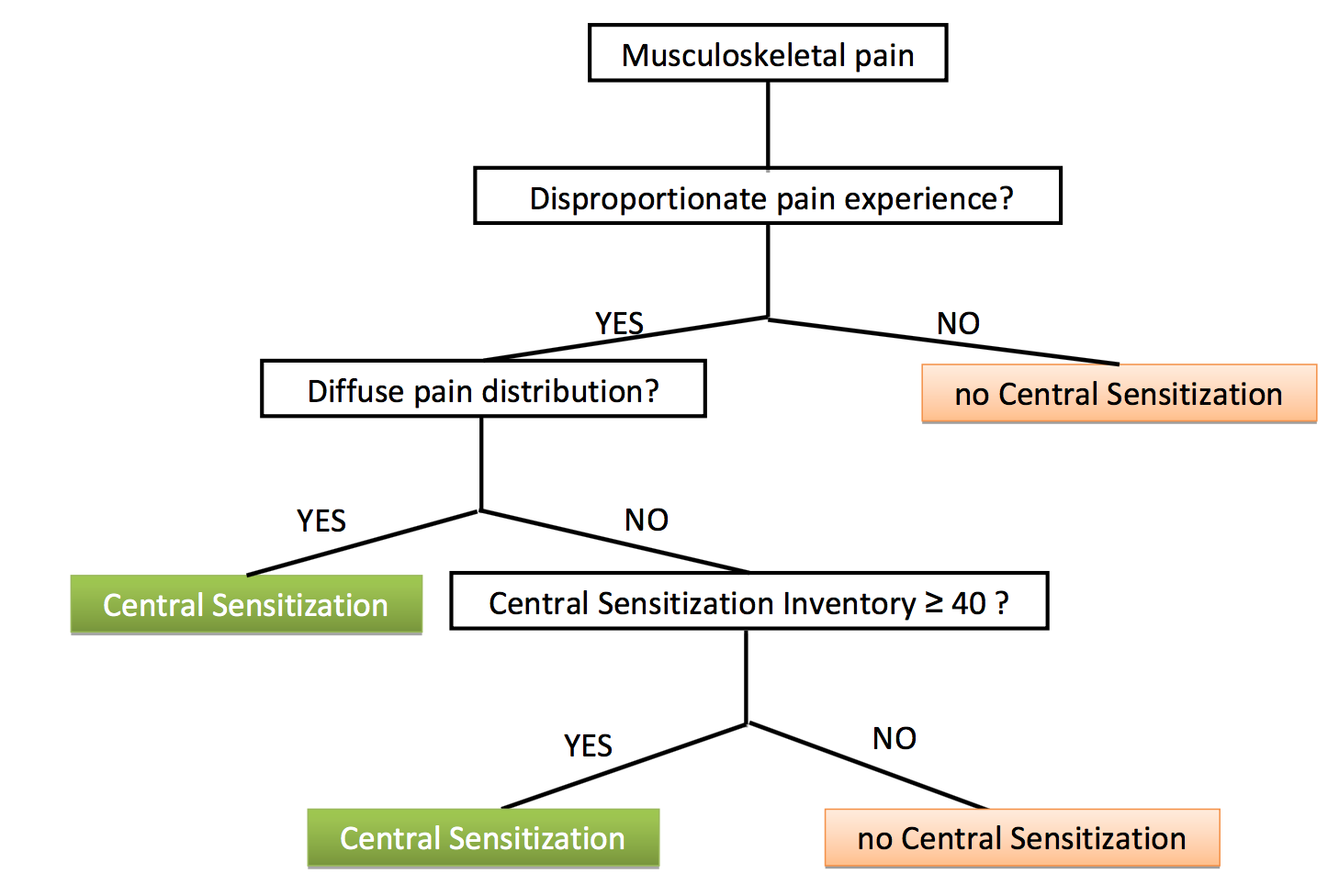 Figure 1: Algorithm for the classification of central sensitisation pain - Nijs. et al. (2014).
