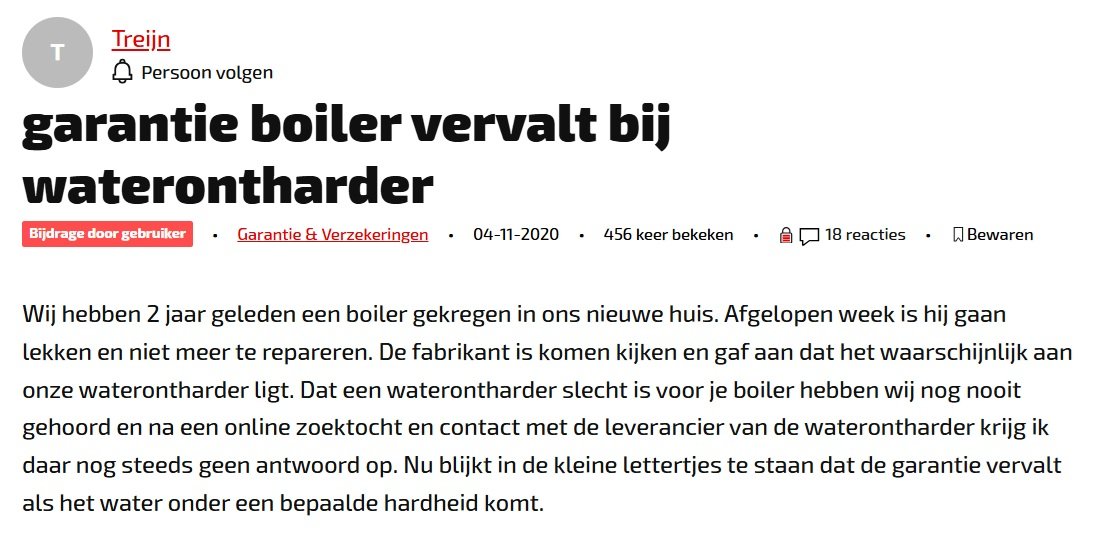 Garantie vervalt met waterontharder