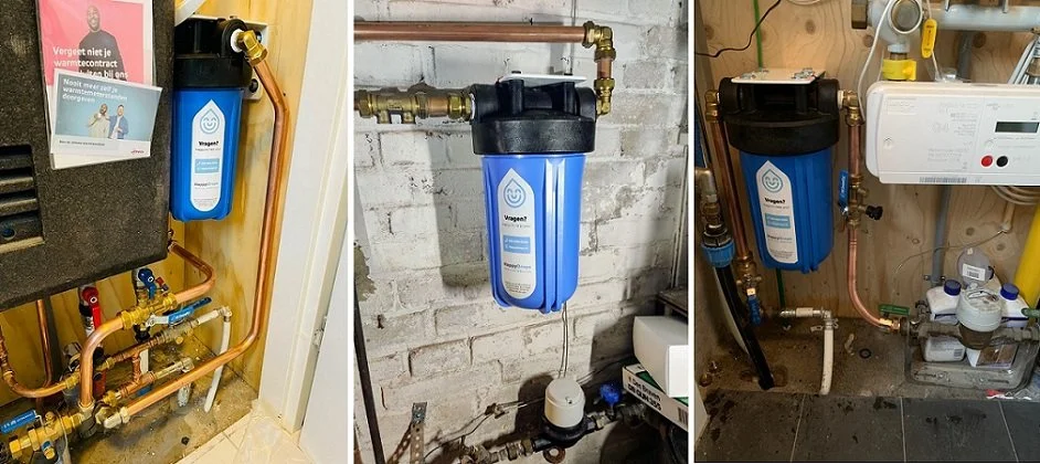 Drie HappyDrops Home systemen geïnstalleerd bij de watermeter zonder afvoer