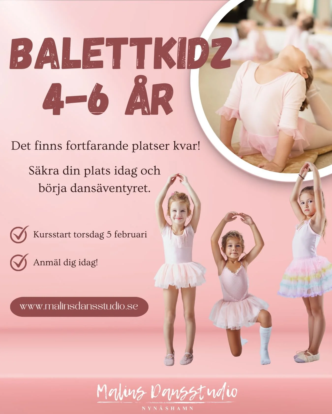Du har v&auml;l inte missat att anm&auml;la till Balettkidz? 🩰✨
Kursstart torsdag den 5 februari.

Kika in p&aring; v&aring;r hemsida f&ouml;r mer info!