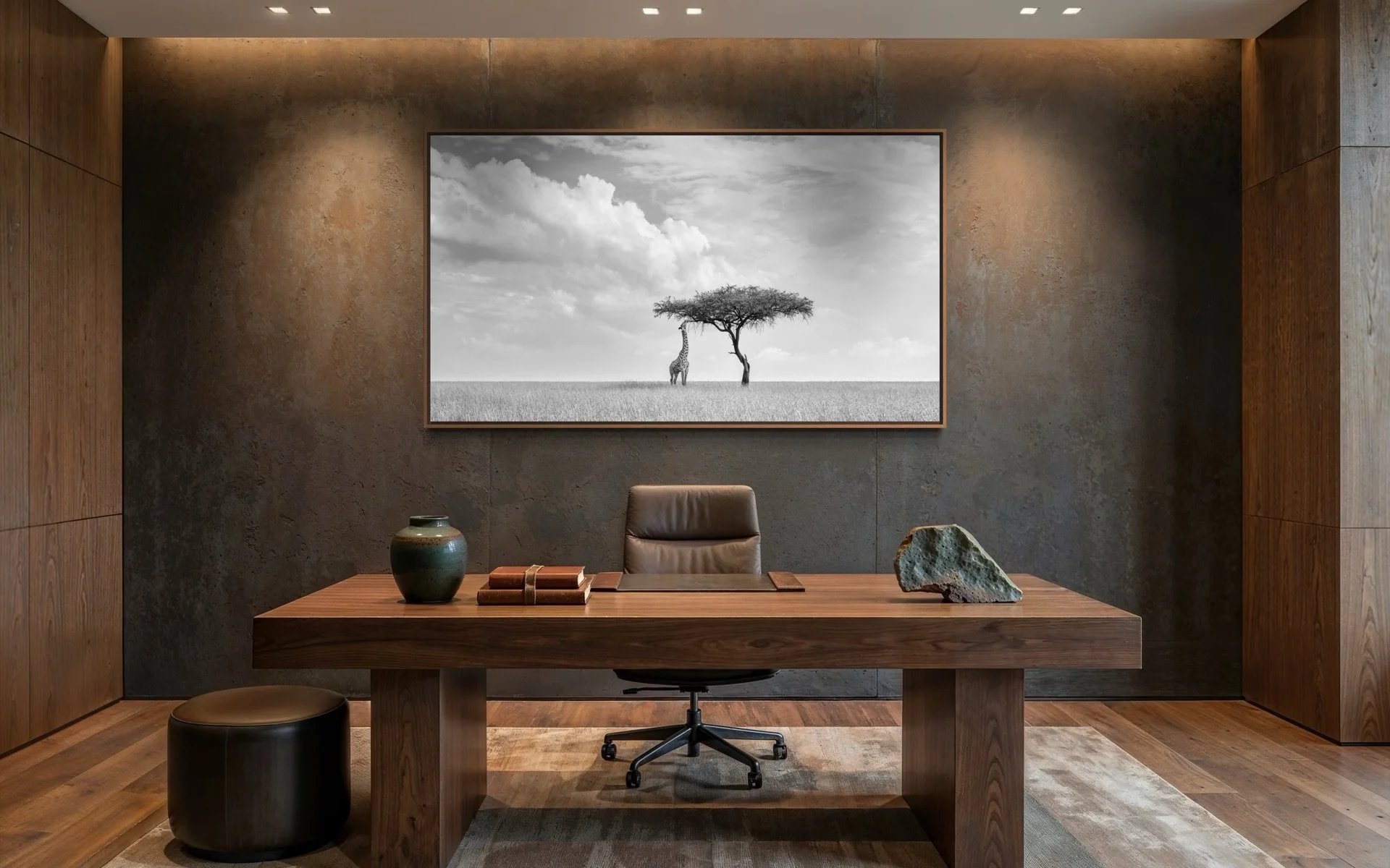 “Black and white giraffe wall art, Camleopard by Peter Delaney, shown as a large framed acrylic print in a contemporary minimalist study with walnut flooring and elegant modern interior.”