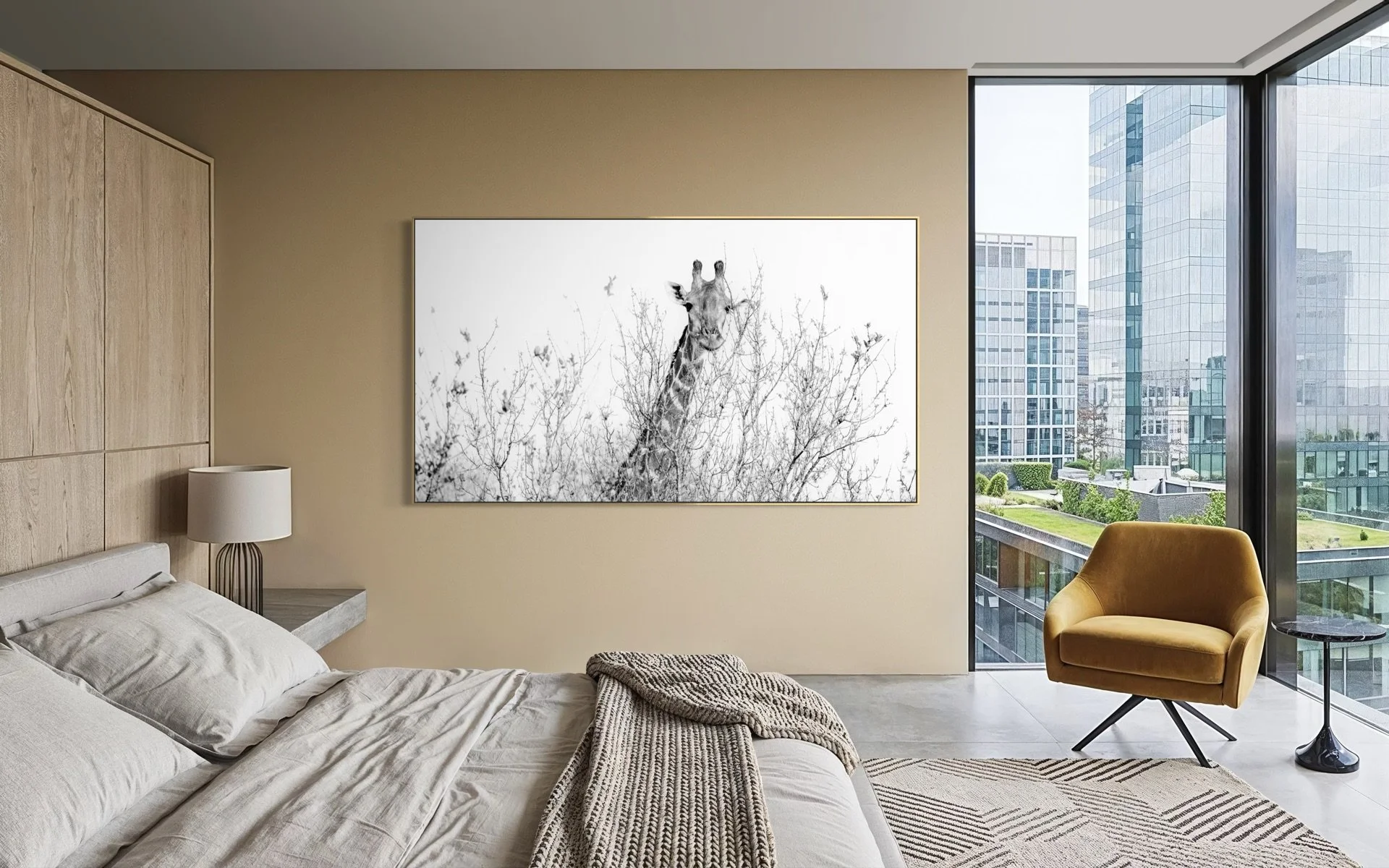 "Veiled Gaze giraffe fine art print in large acrylic finish above a luxury city view bedroom, Wilton, with Manhattan skyline visible through floor-to-ceiling windows."